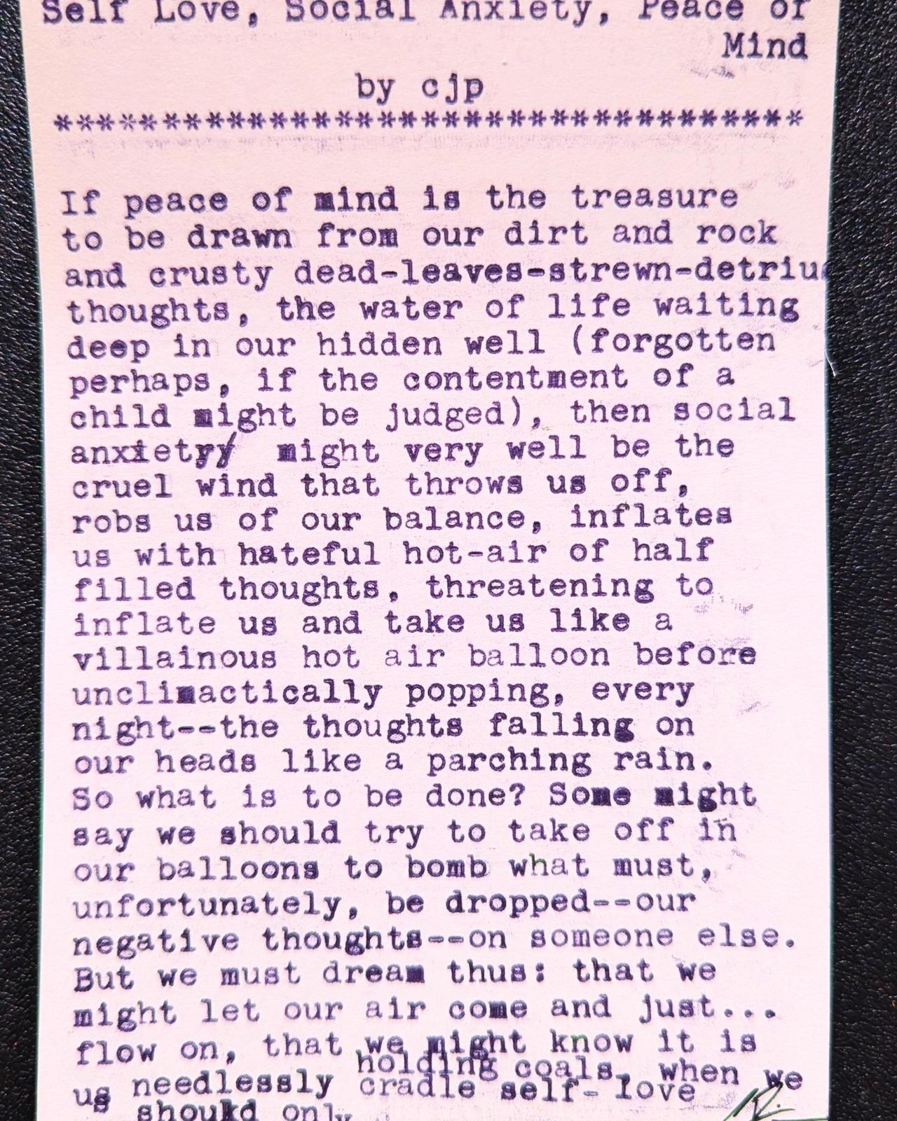 Original typewritten poem Self Love, Social Anxiety, Peace of Mind by Chris the Poet