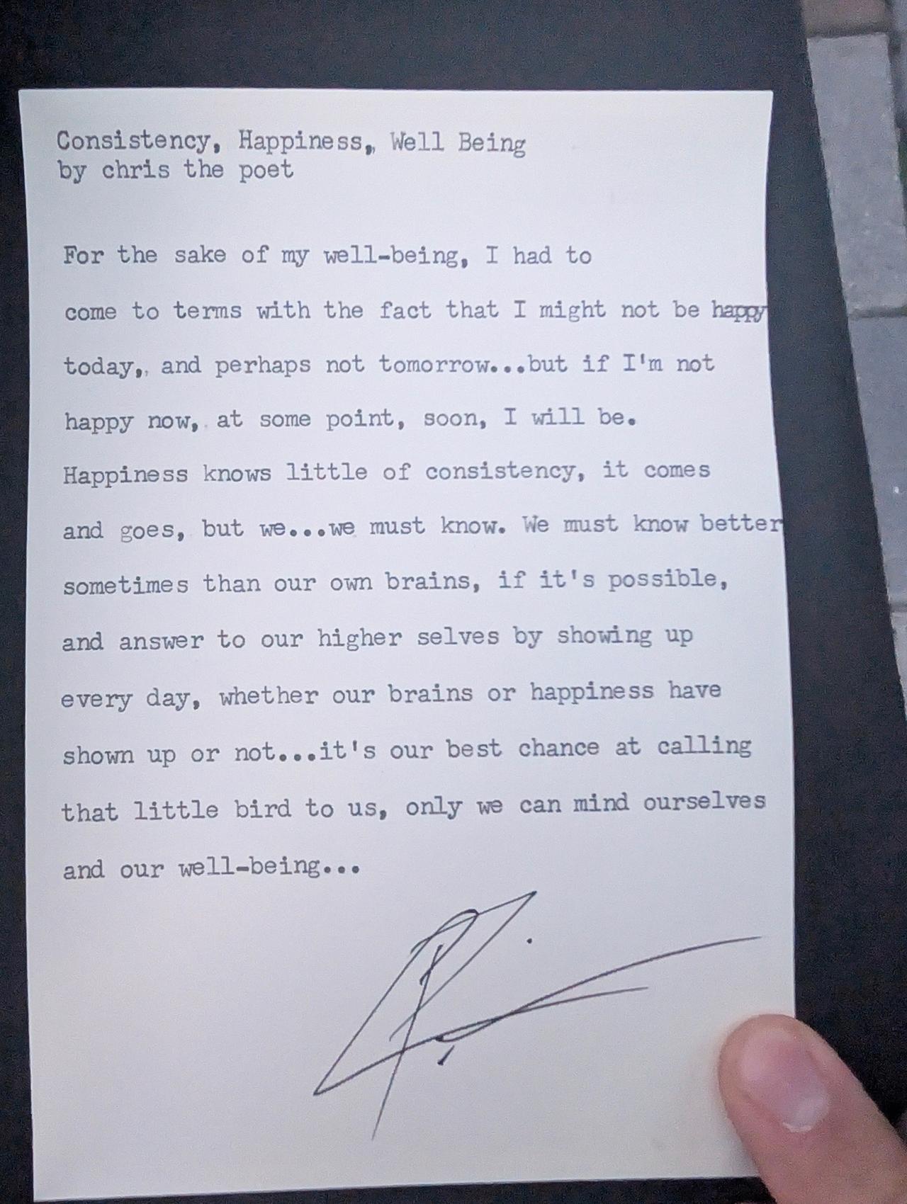 Original typewritten poem Consistency, Happiness, Well Being by Chris the Poet