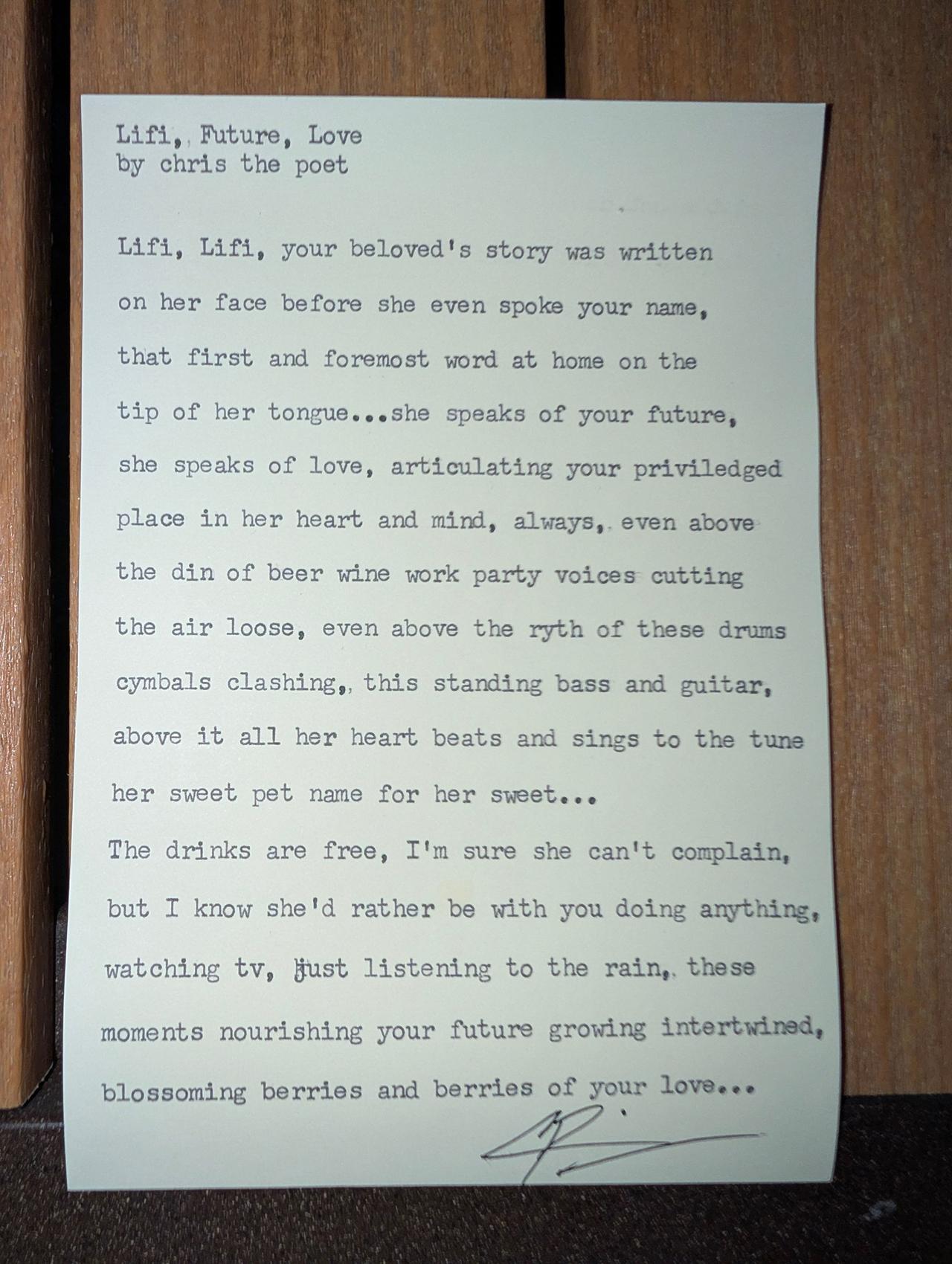 Original typewritten poem Lili, Future, Love by Chris the Poet