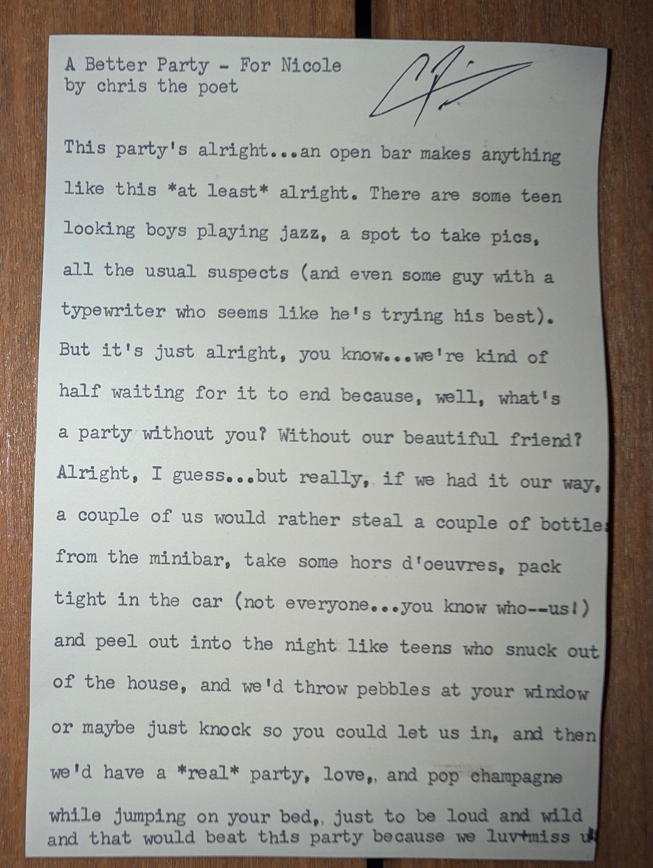 Original typewritten poem A Better Party - For Nicole by Chris the Poet
