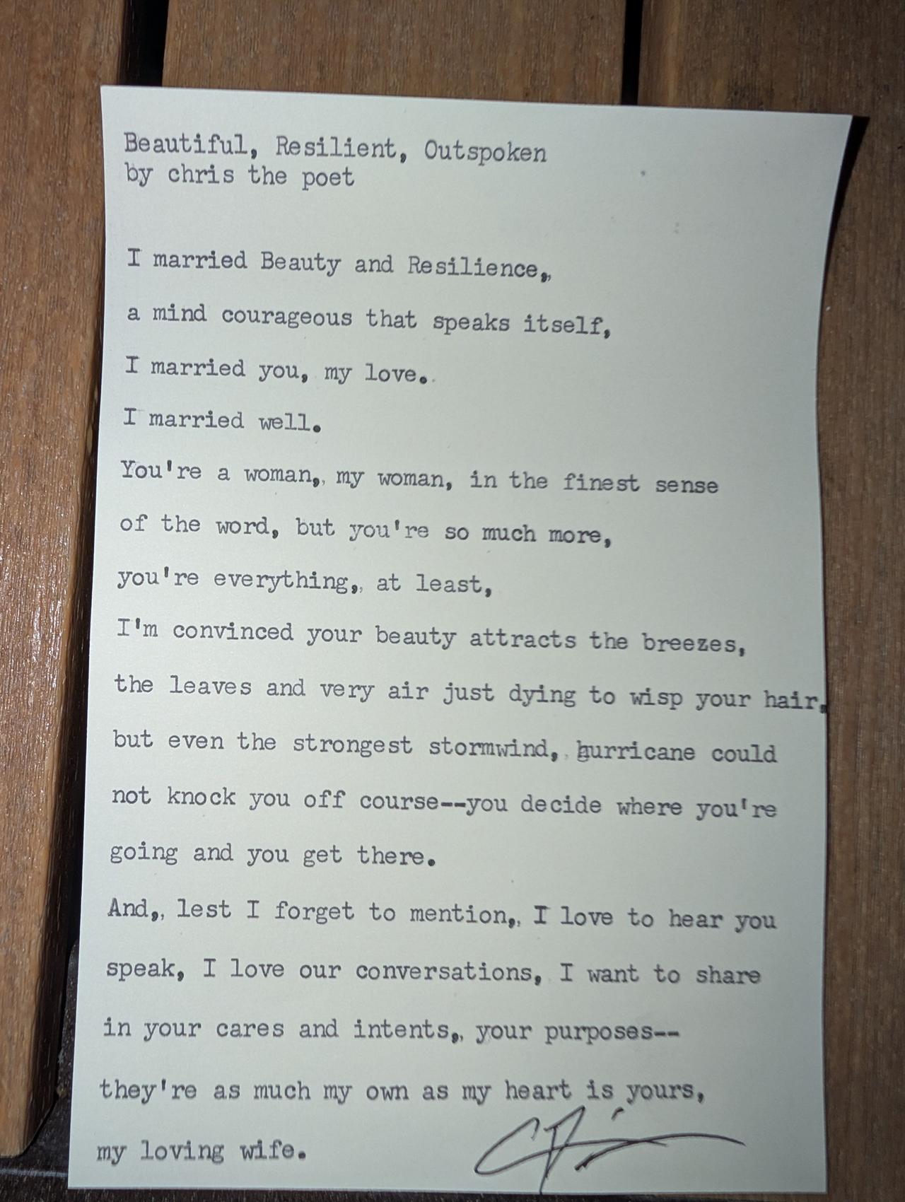 Original typewritten poem Beautiful, Resilient, Outspoken by Chris the Poet