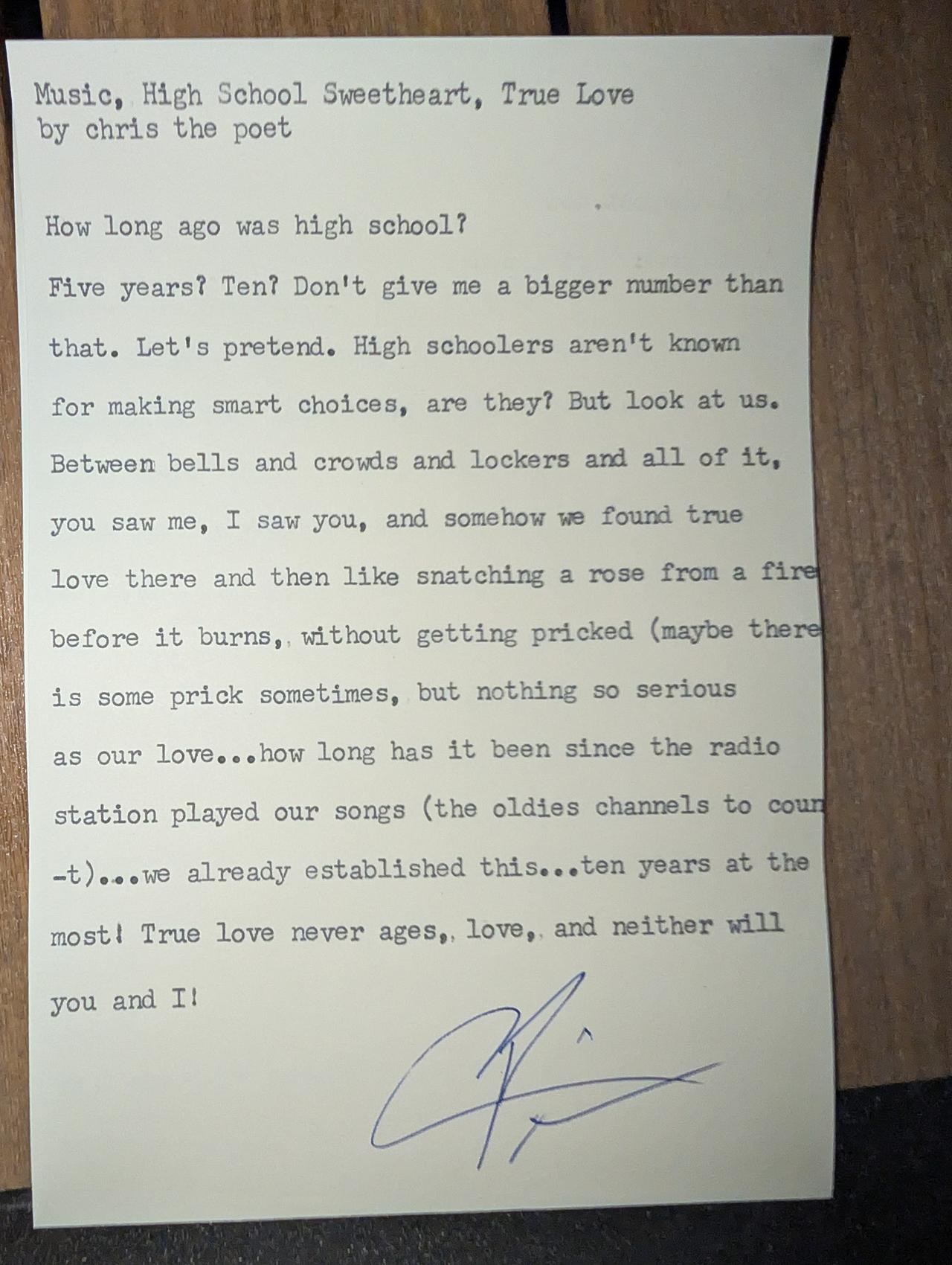 Original typewritten poem Music, High School Sweetheart, True Love by Chris the Poet