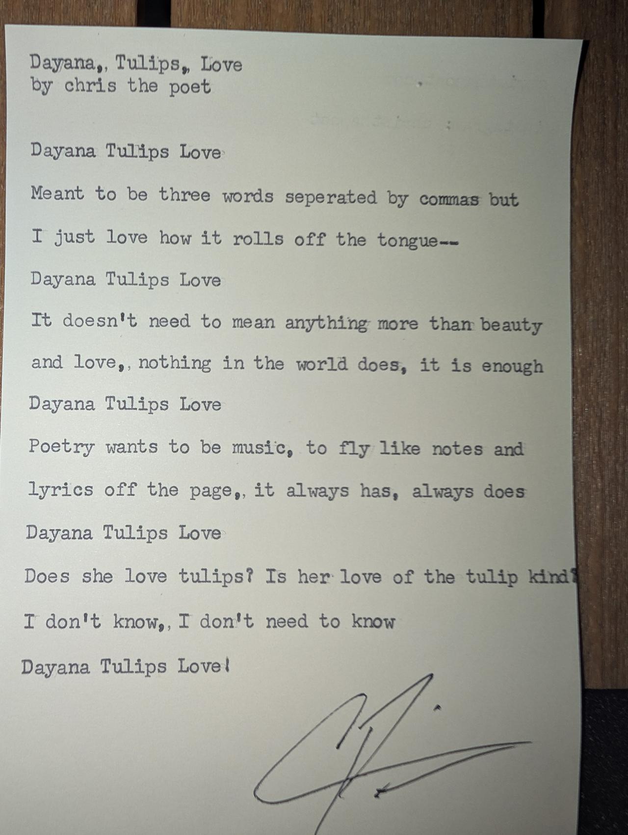 Original typewritten poem Dayana, Tulips, Love by Chris the Poet