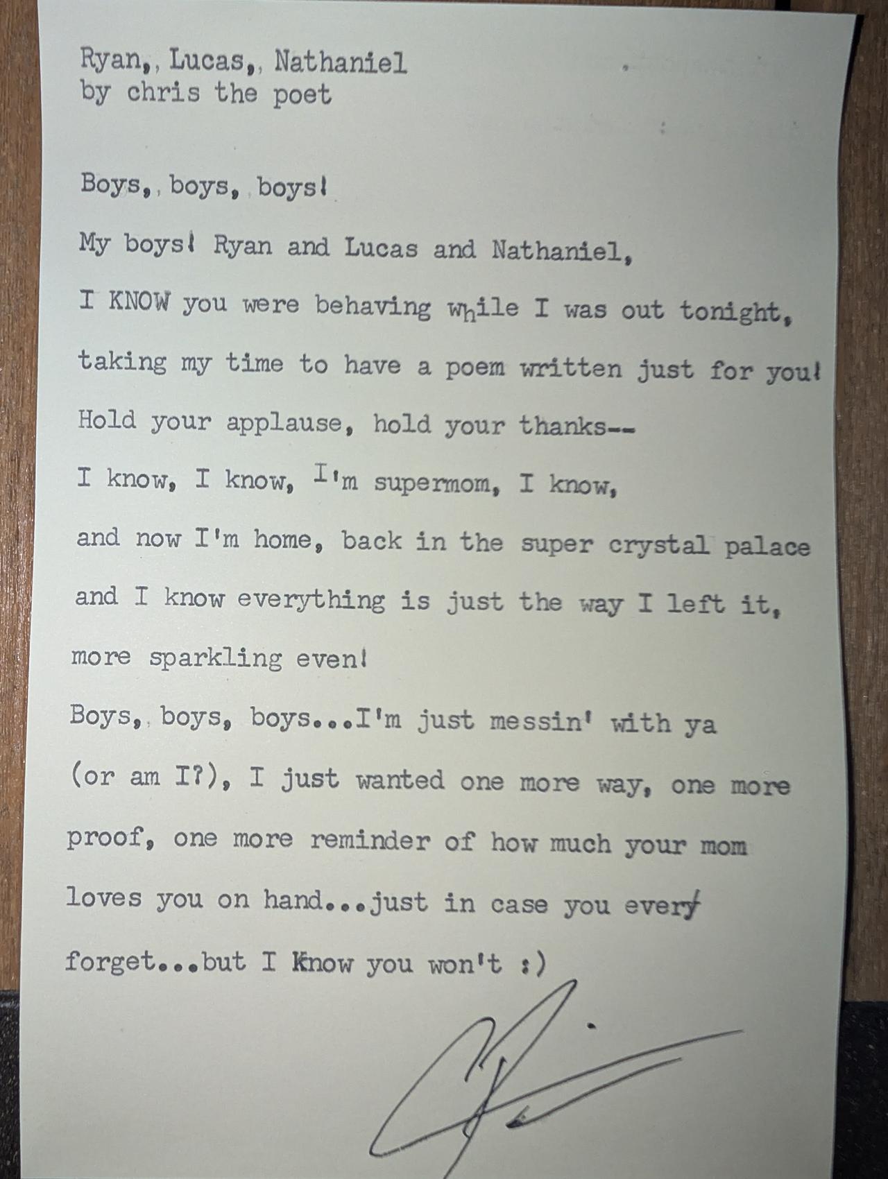 Original typewritten poem Ryan, Lucas, Nathaniel by Chris the Poet