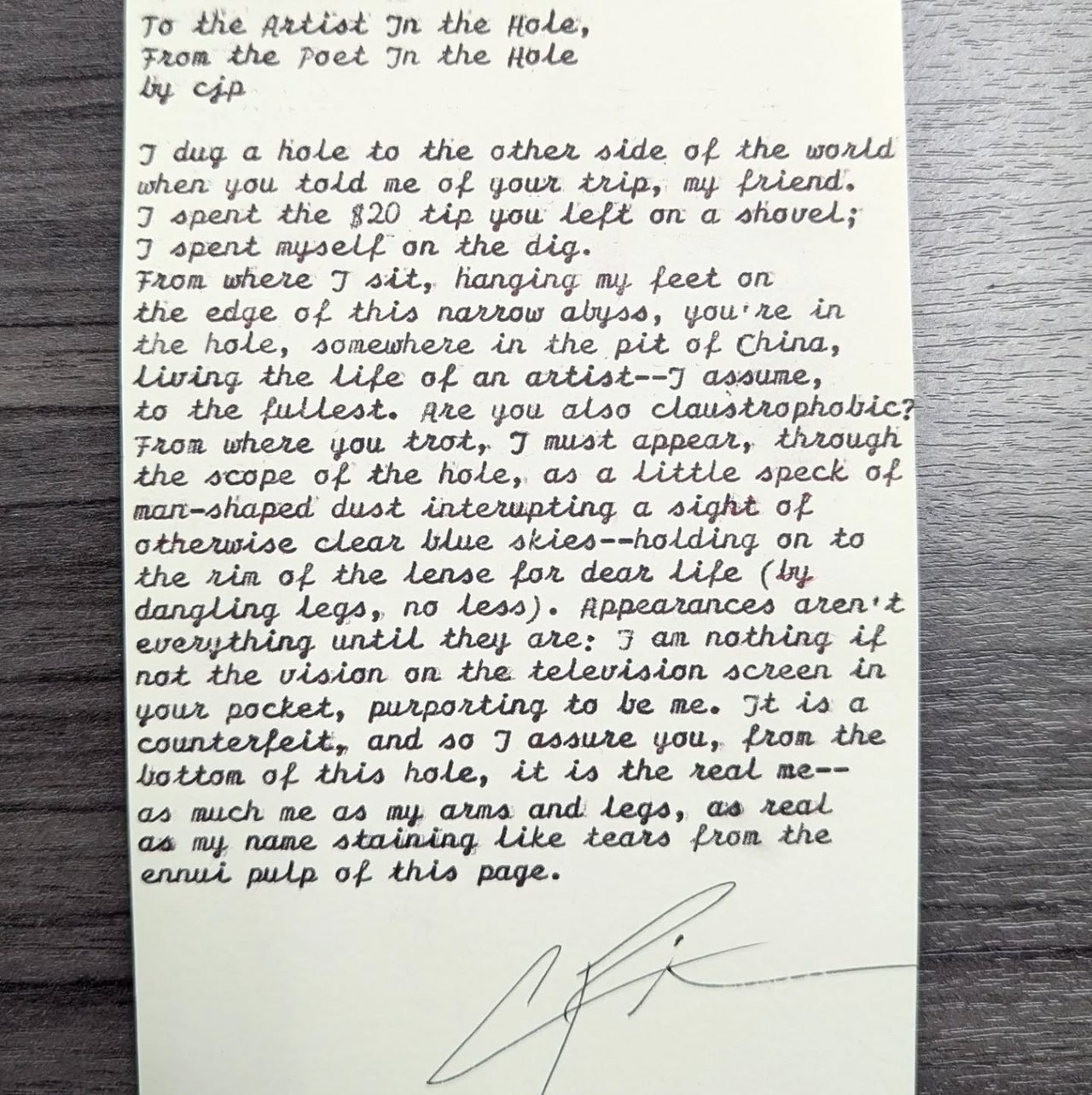 Original typewritten poem To the Artist In the Hole, From the Poet In the Hole by Chris the Poet