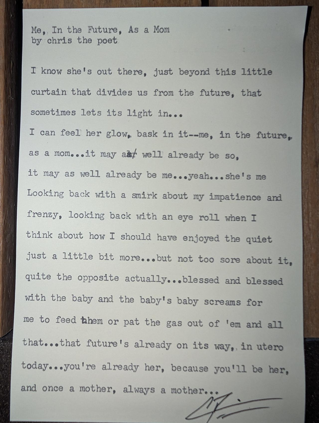 Original typewritten poem Me, In the Future, As a Mom by Chris the Poet
