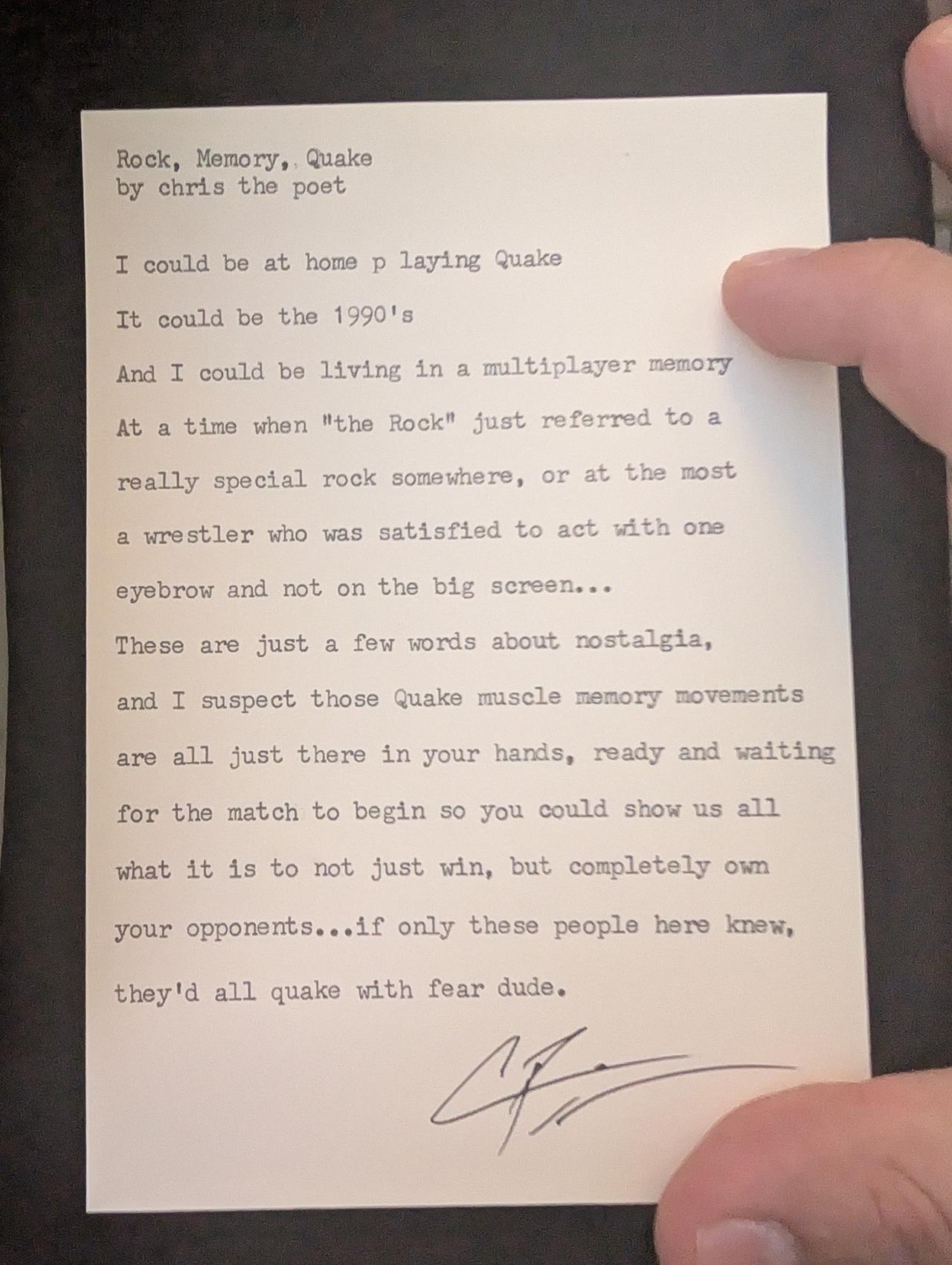 Original typewritten poem Rock, Memory, Quake by Chris the Poet