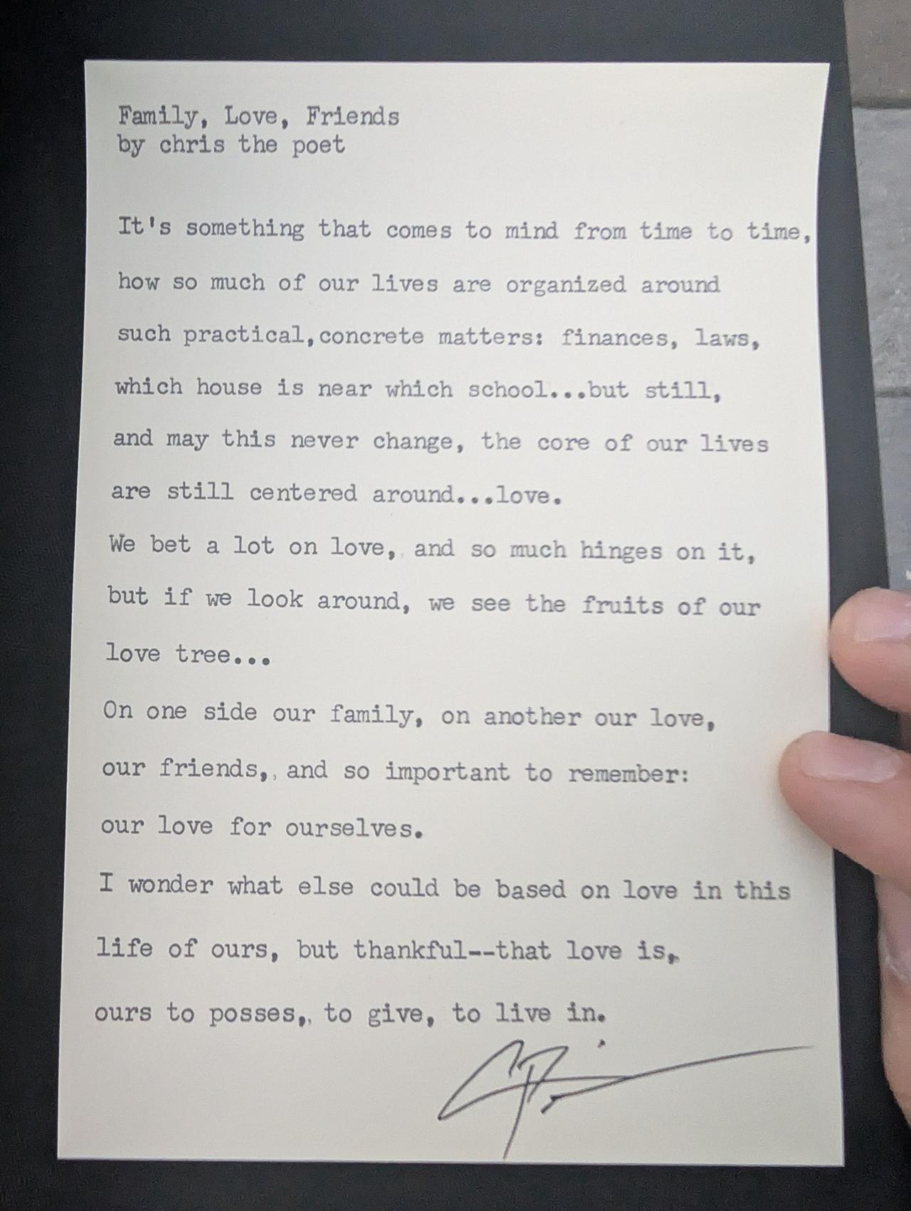 Original typewritten poem Family, Love, Friends by Chris the Poet