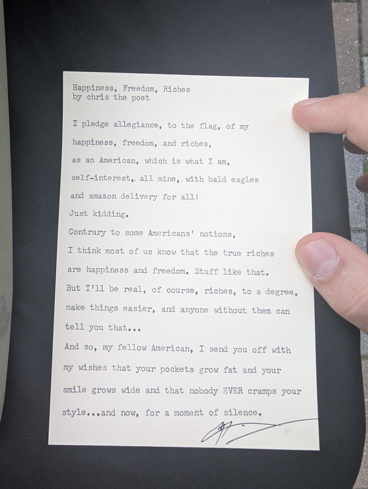 Original typewritten poem Happiness, Freedom, Riches by Chris the Poet
