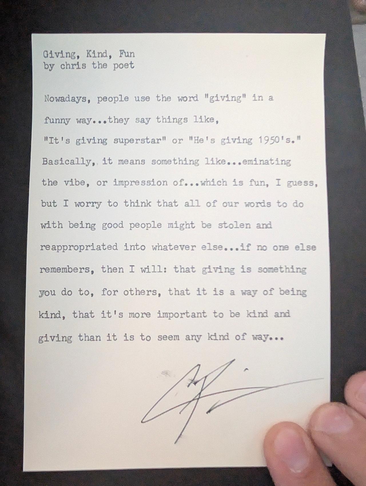 Original typewritten poem Giving, Kind, Fun by Chris the Poet
