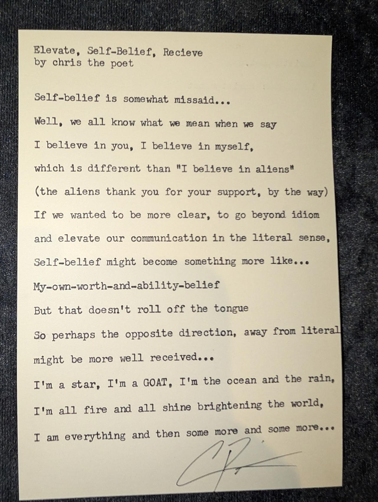 Original typewritten poem Elevate, Self-Belief, Receive by Chris the Poet