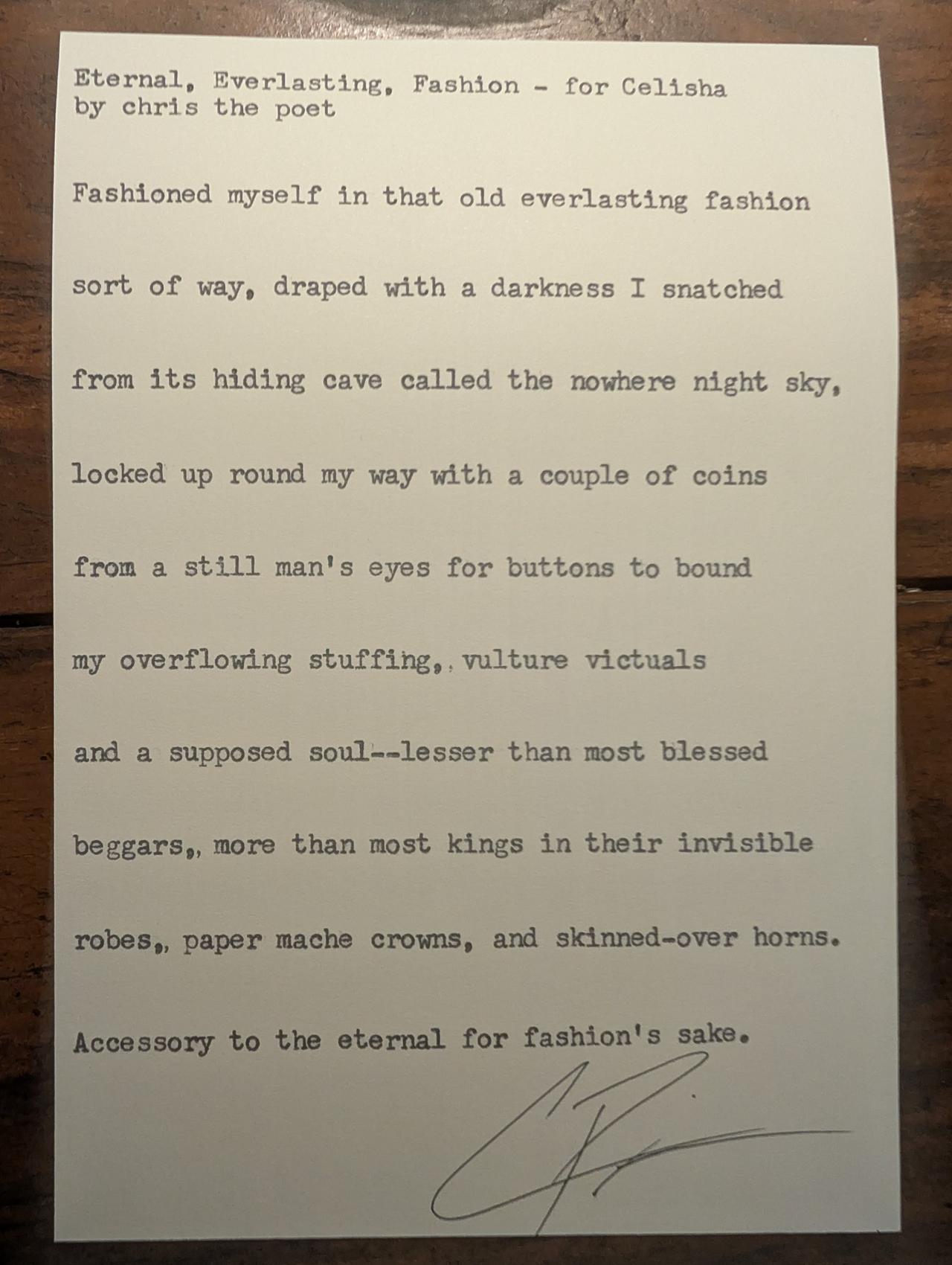 Original typewritten poem Eternal, Everlasting, Fashion - for Celisha by Chris the Poet