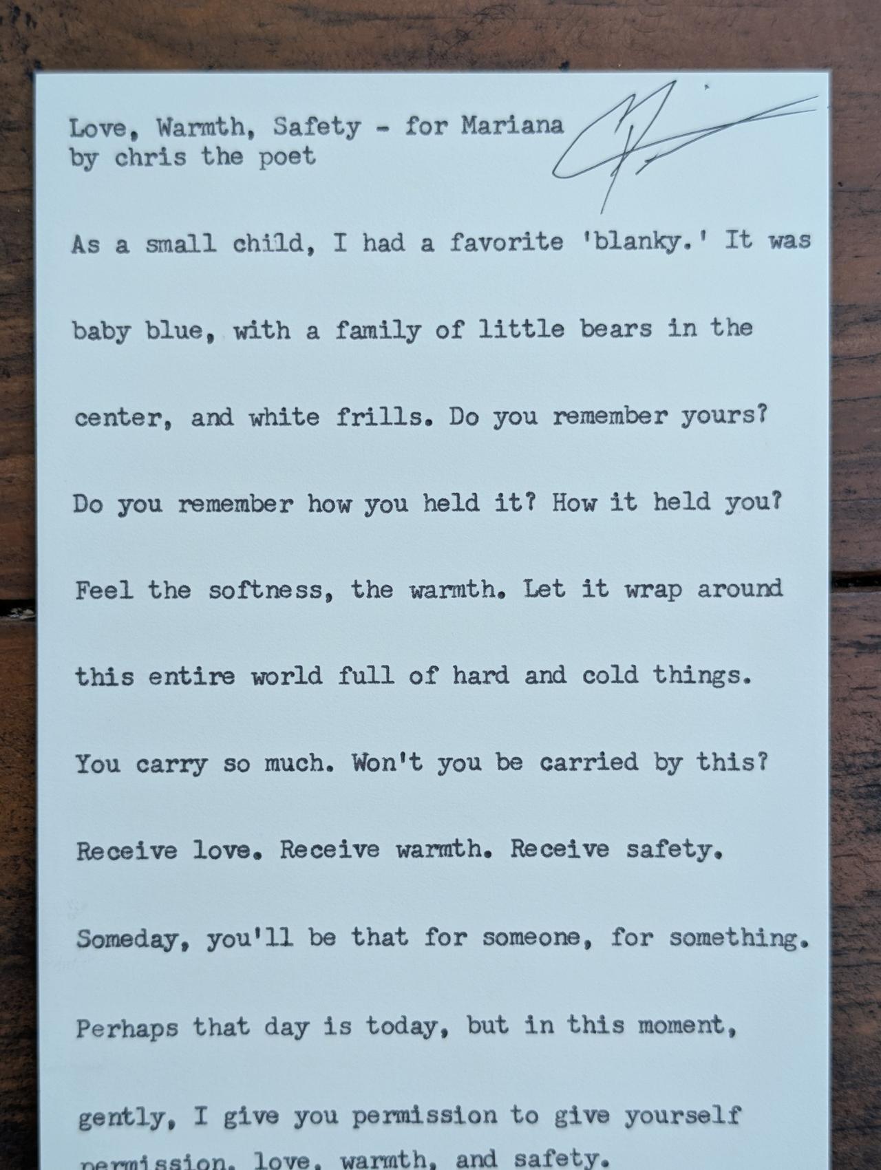Original typewritten poem Love, Warmth, Safety - for Mariana by Chris the Poet