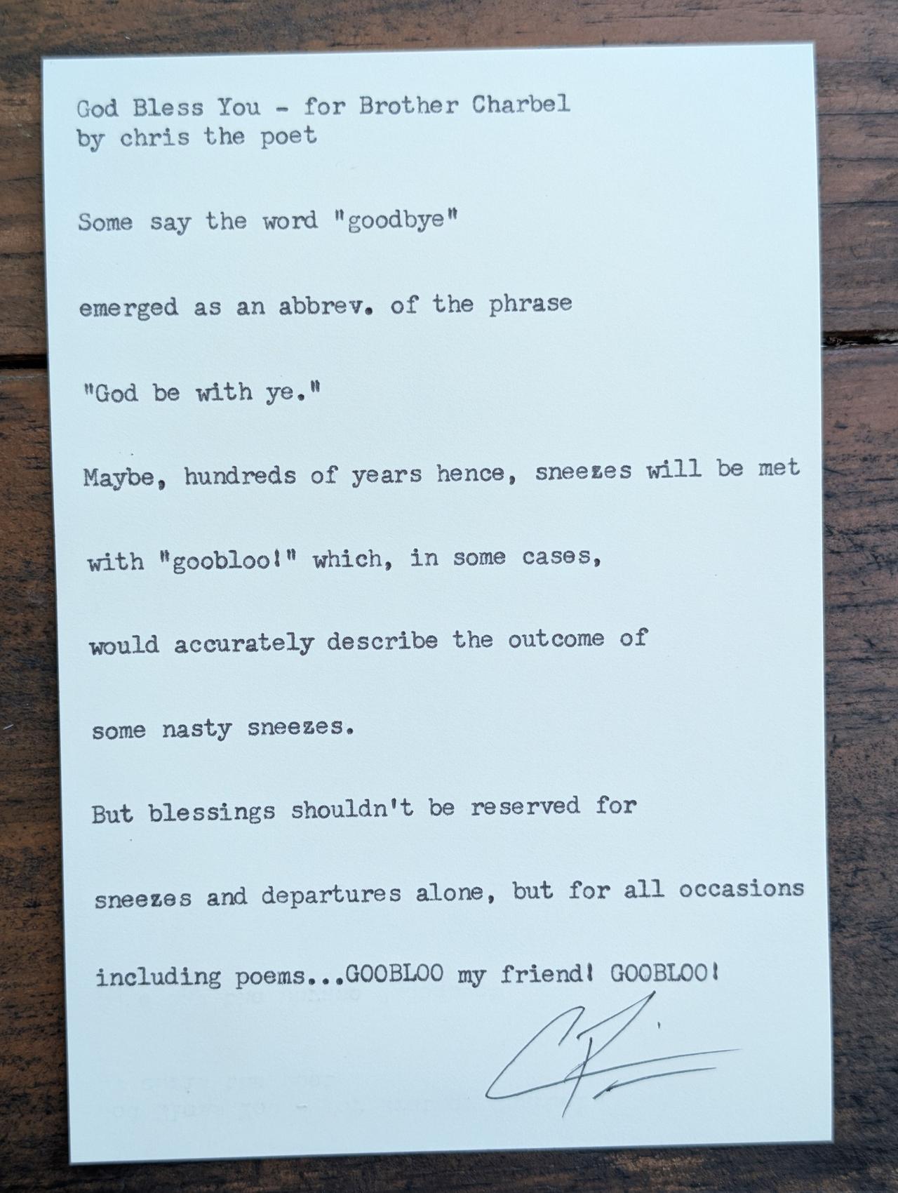 Original typewritten poem God Bless You - for Brother Charbel by Chris the Poet