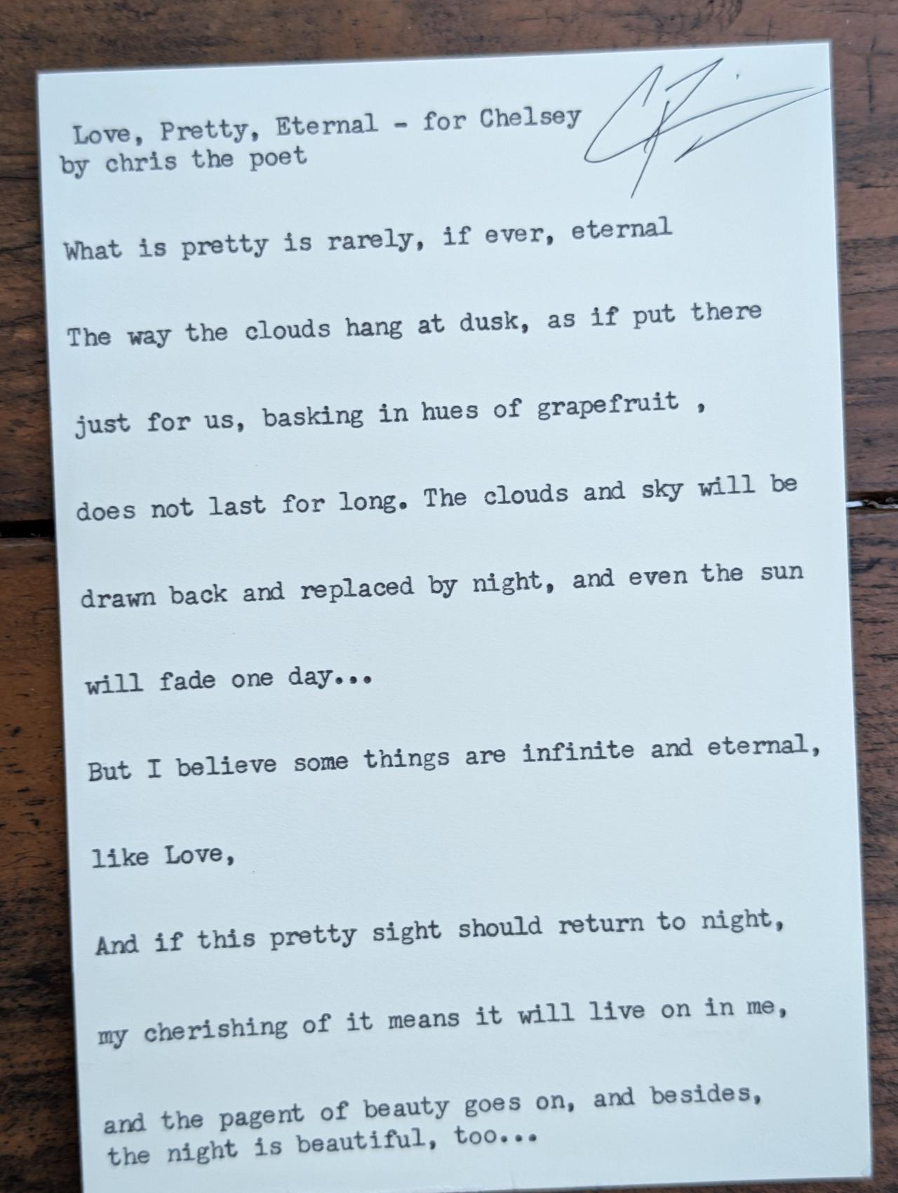 Original typewritten poem Love, Pretty, Eternal - for Chelsey by Chris the Poet