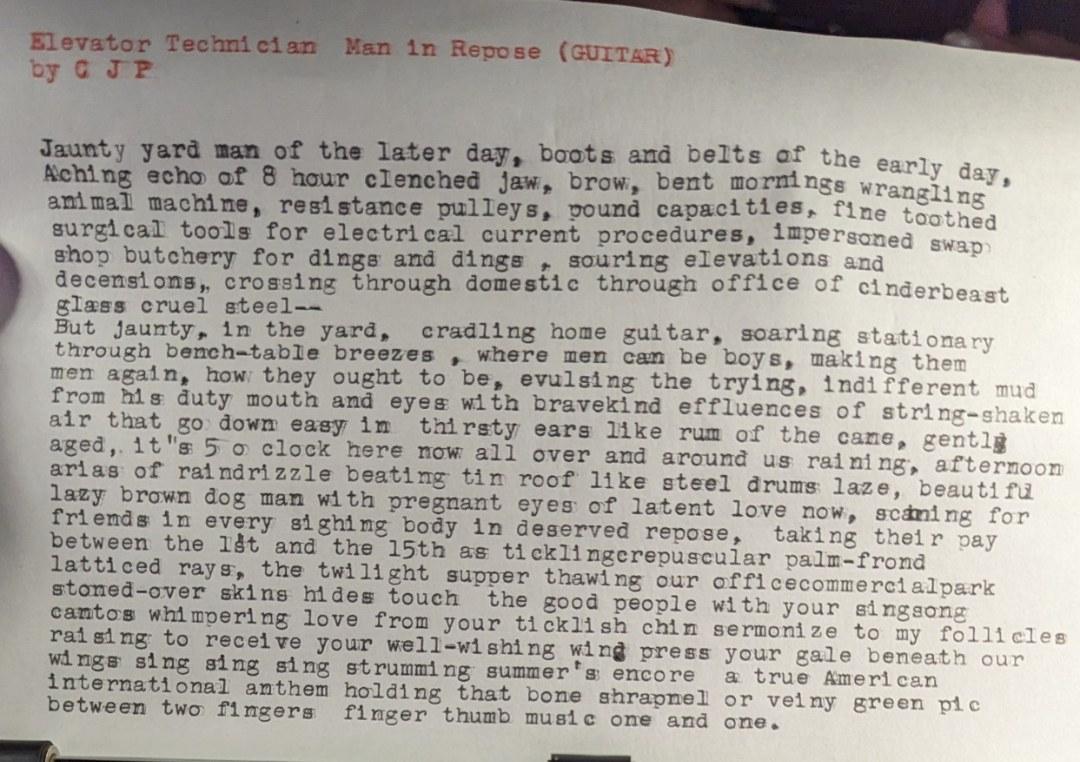 Original typewritten poem Elevator Technician Man in Repose (GUITAR) by Chris the Poet