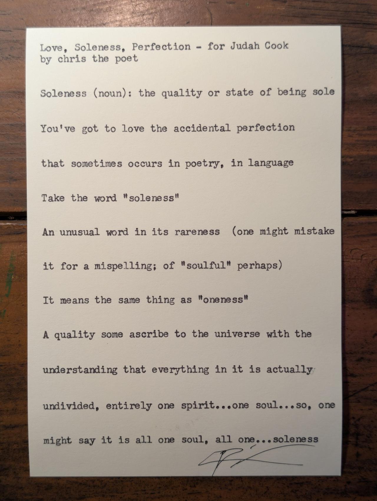 Original typewritten poem Love, Soleness, Perfection - for Judah Cook by Chris the Poet