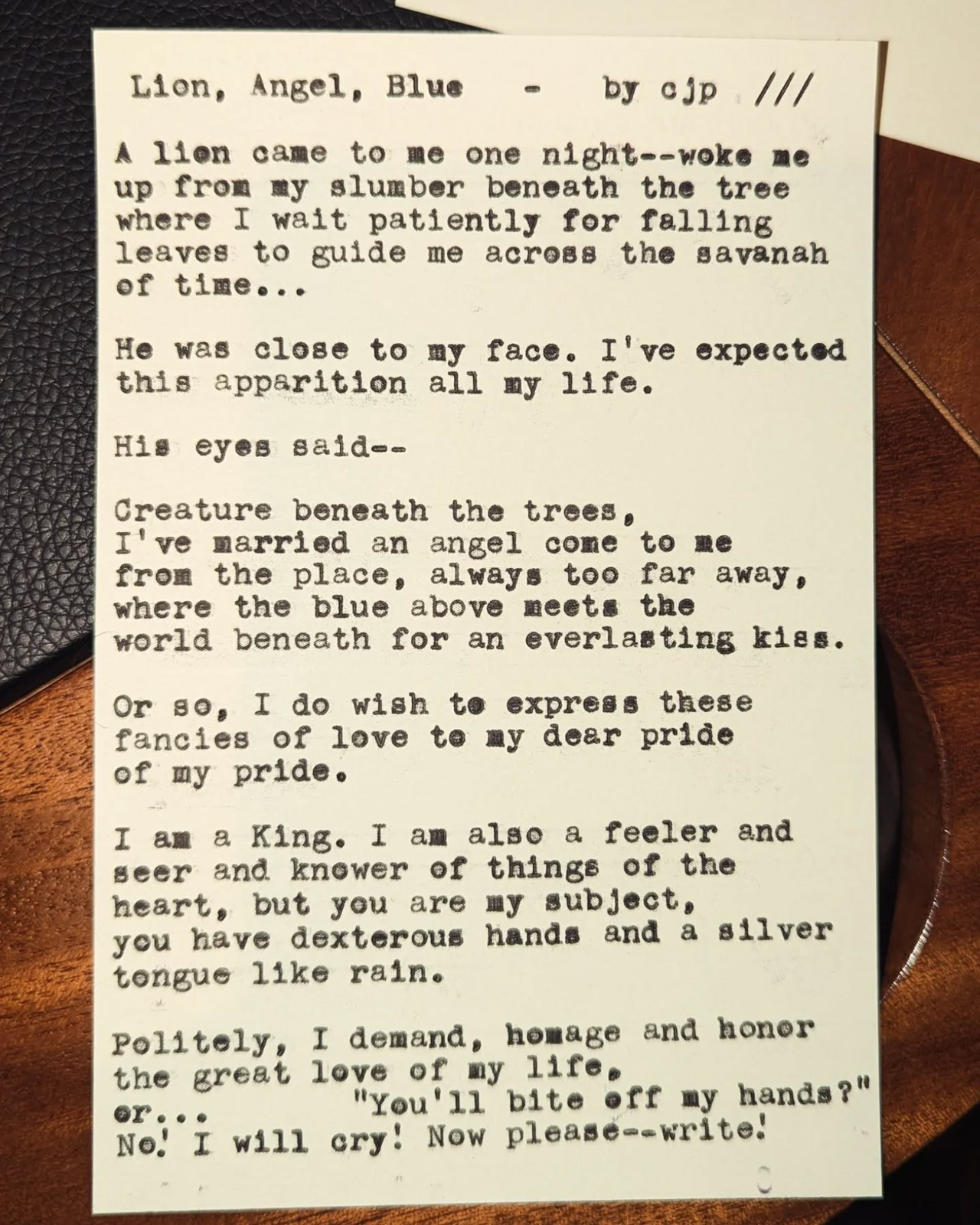 Original typewritten poem Lion, Angel, Blue by Chris the Poet