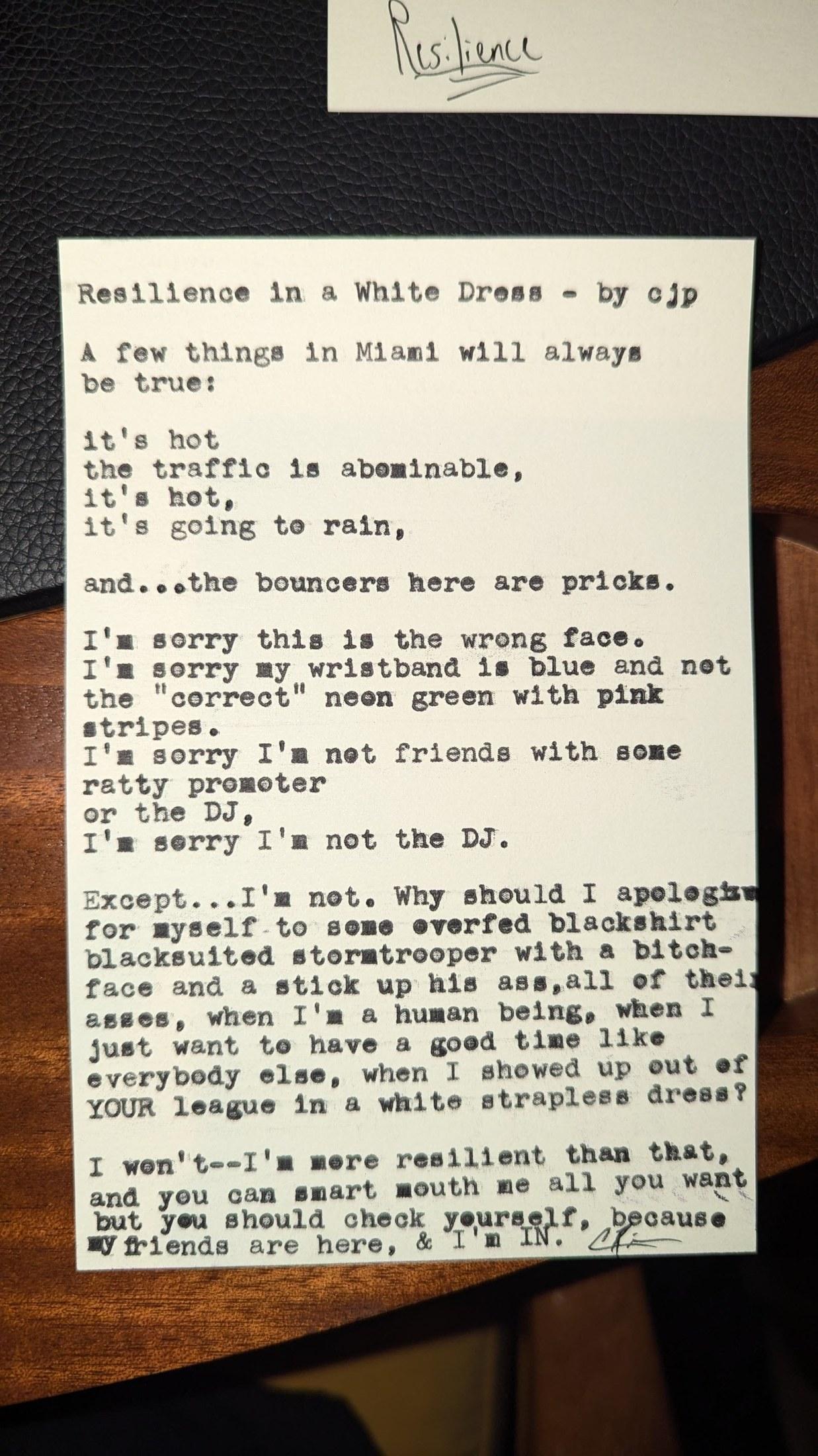 Original typewritten poem Resilience in a White Dress by Chris the Poet