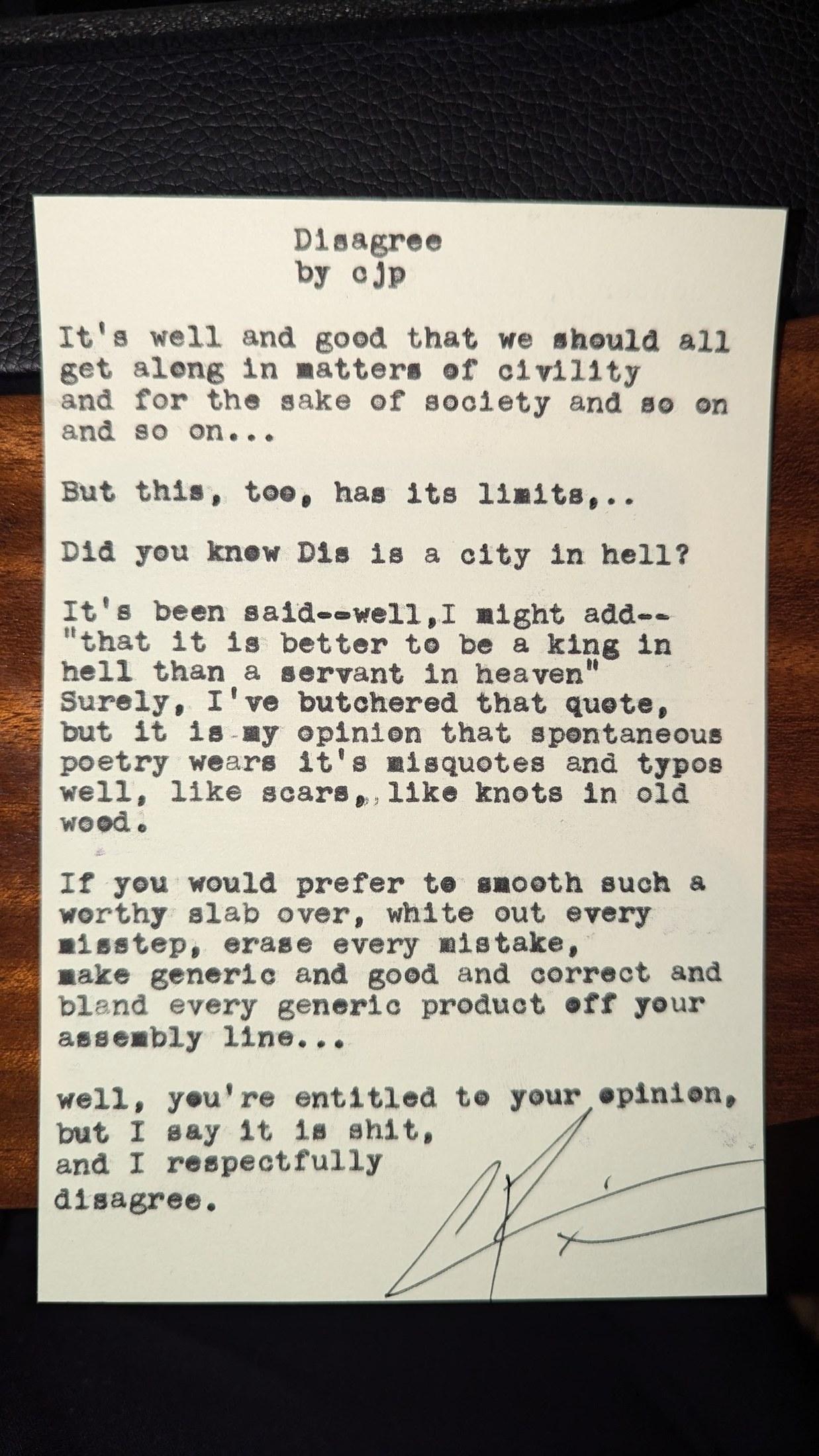 Original typewritten poem Disagree by Chris the Poet