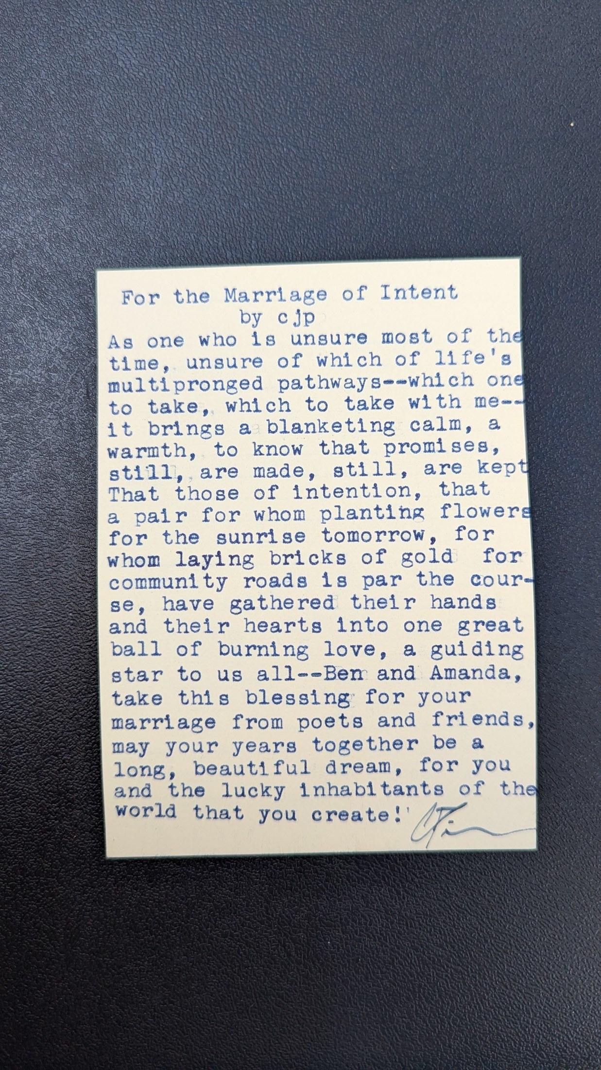 Original typewritten poem For the Marriage of Intent by Chris the Poet