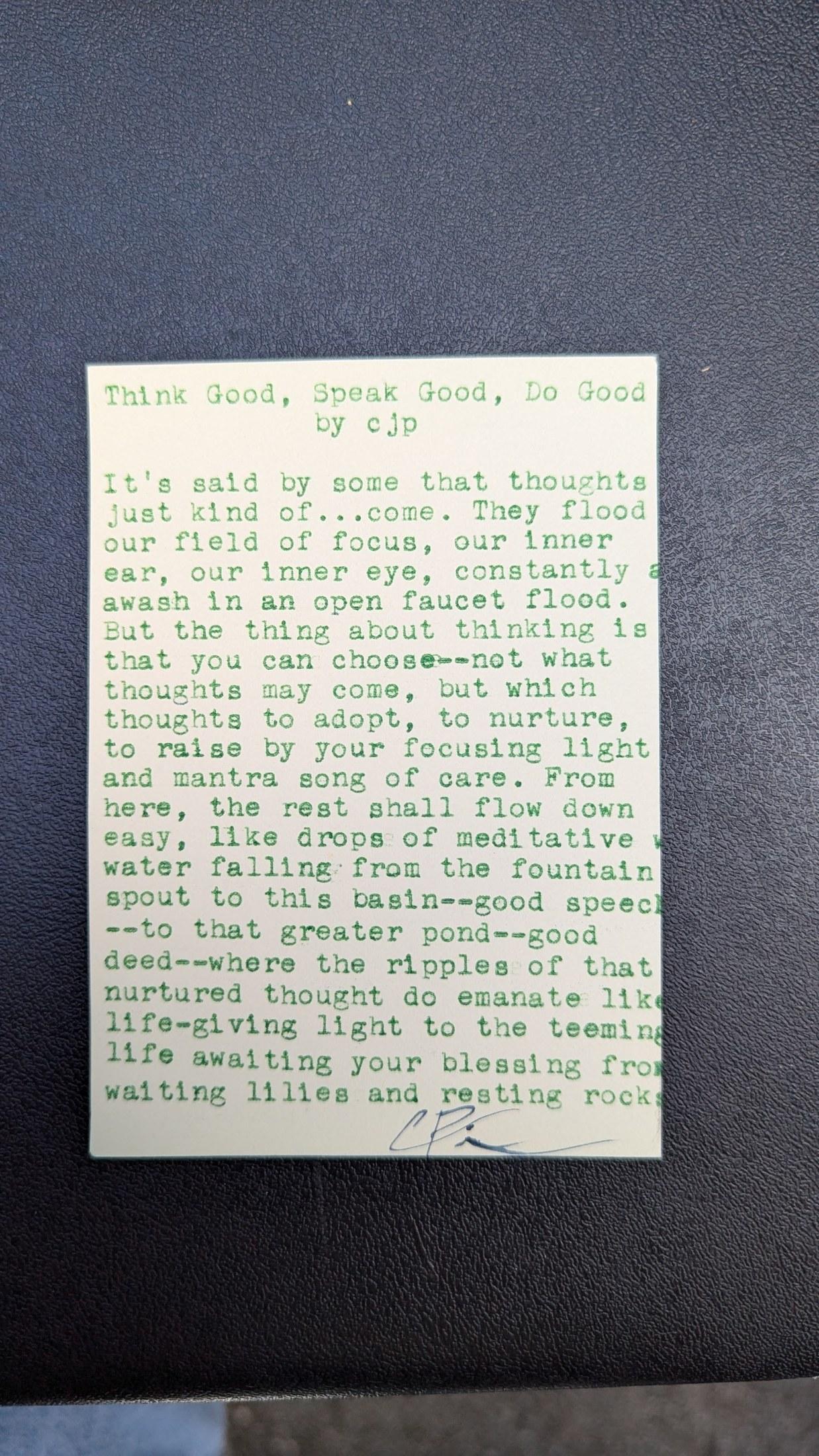Original typewritten poem Think Good, Speak Good, Do Good by Chris the Poet