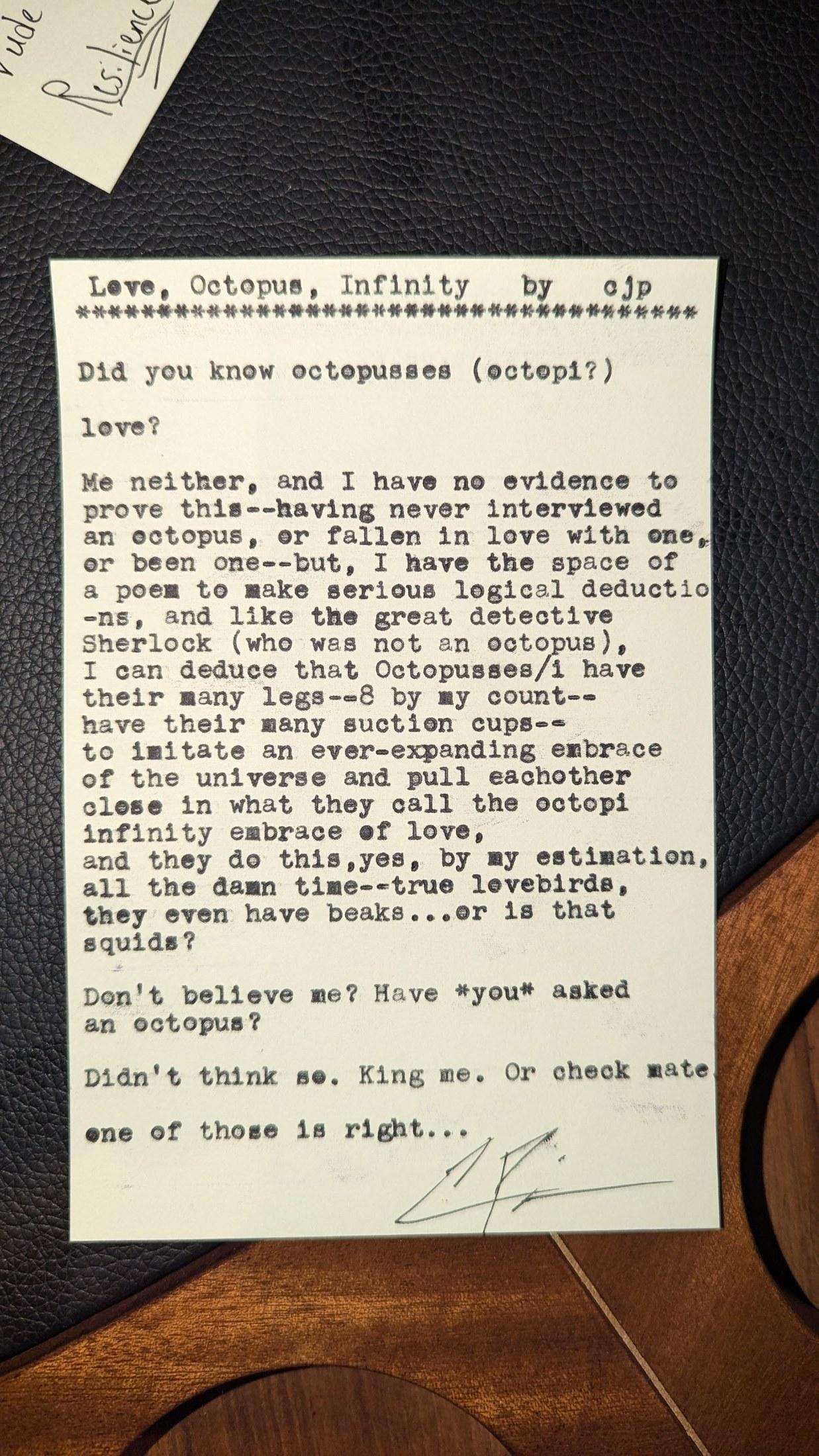 Original typewritten poem Love, Octopus, Infinity by Chris the Poet