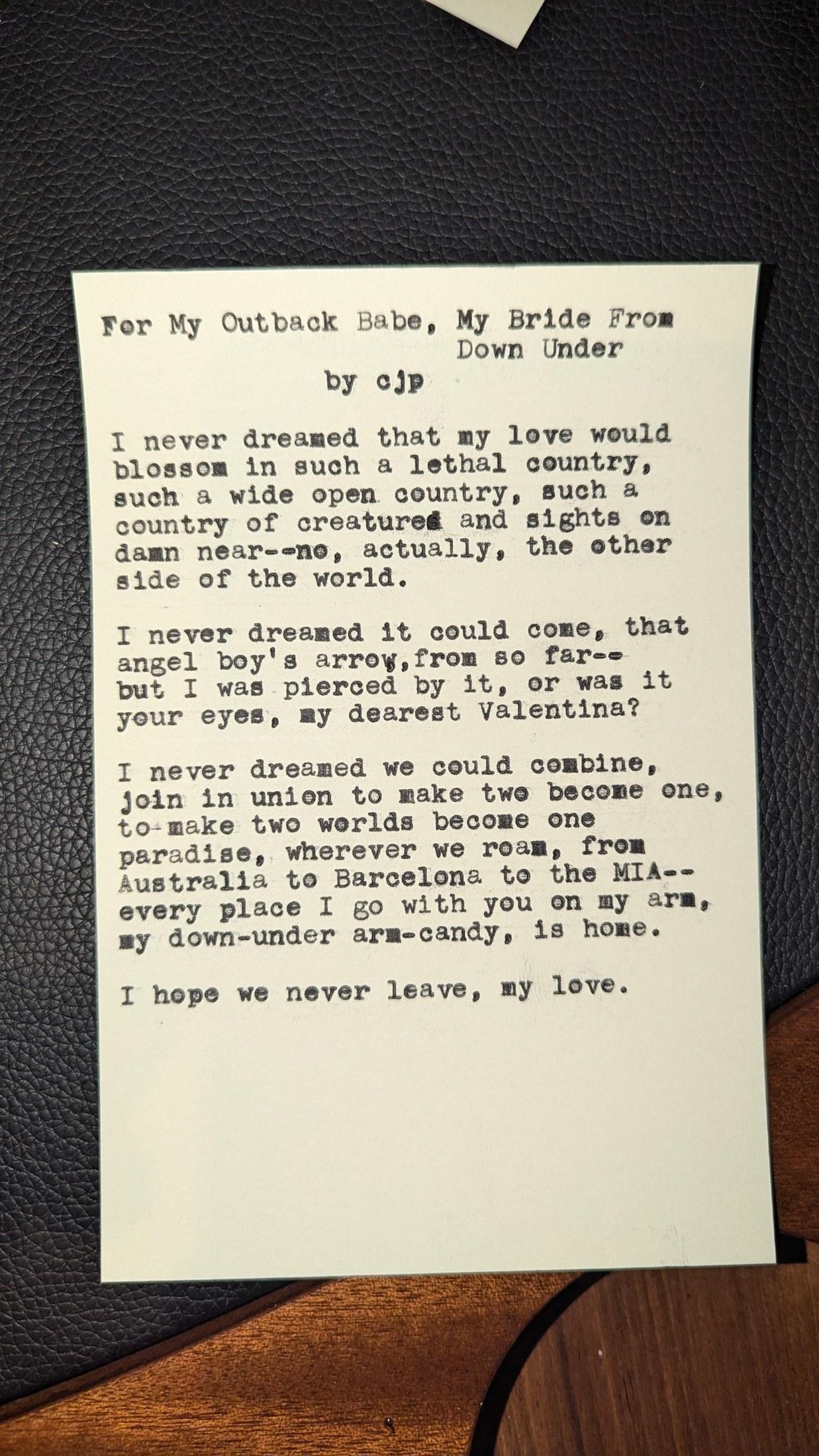 Original typewritten poem For My Outback Babe, My Pride Grows Down Under by Chris the Poet