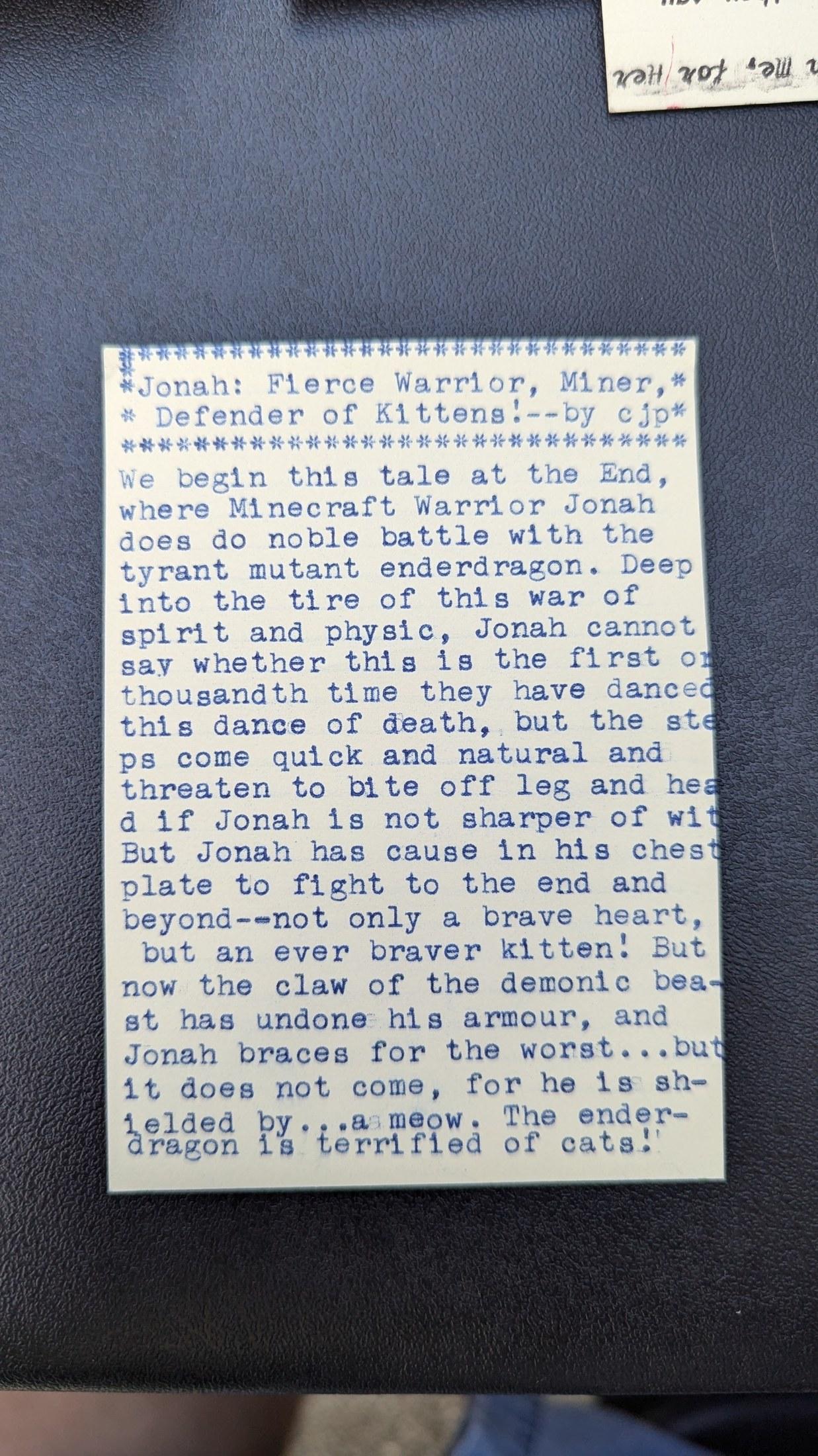 Original typewritten poem Jonah! Fierce Warrior, Miner, & Defender of Kittens! by Chris the Poet
