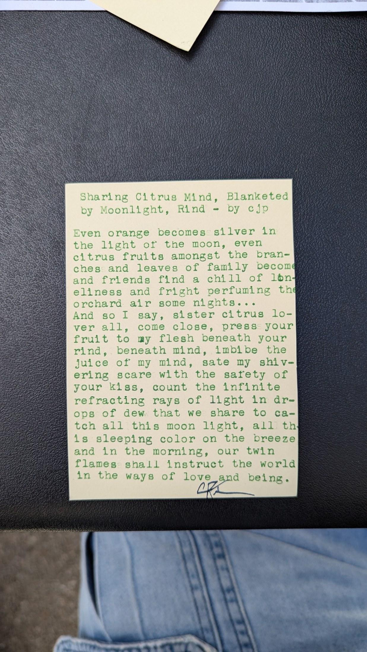 Original typewritten poem Sharing Citrus Kind, Blanketed by Moonlight, Mind by Chris the Poet