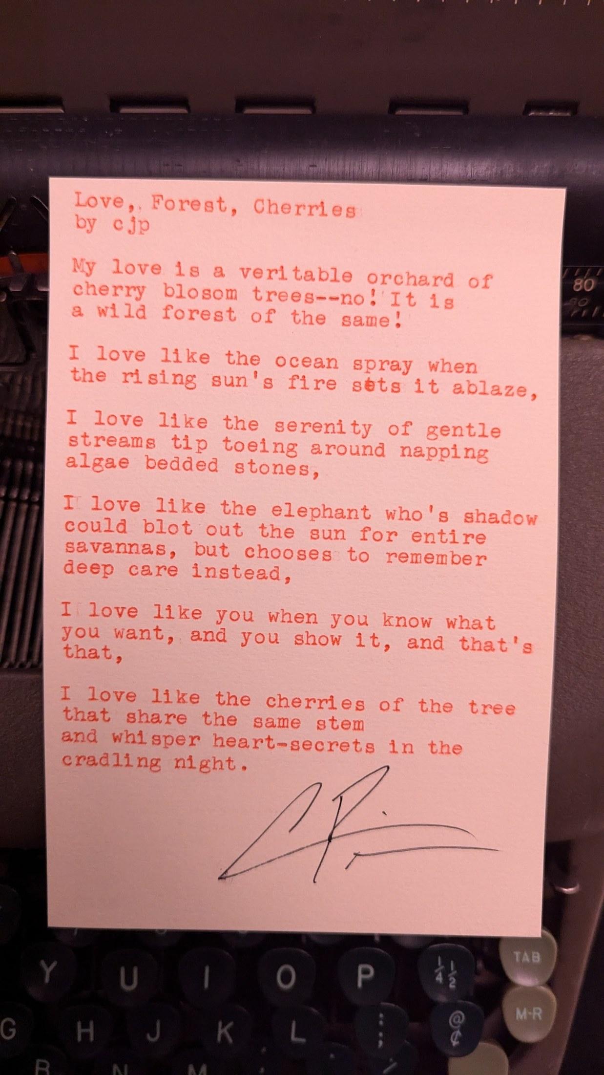 Original typewritten poem Love, Forest, Cherries by Chris the Poet