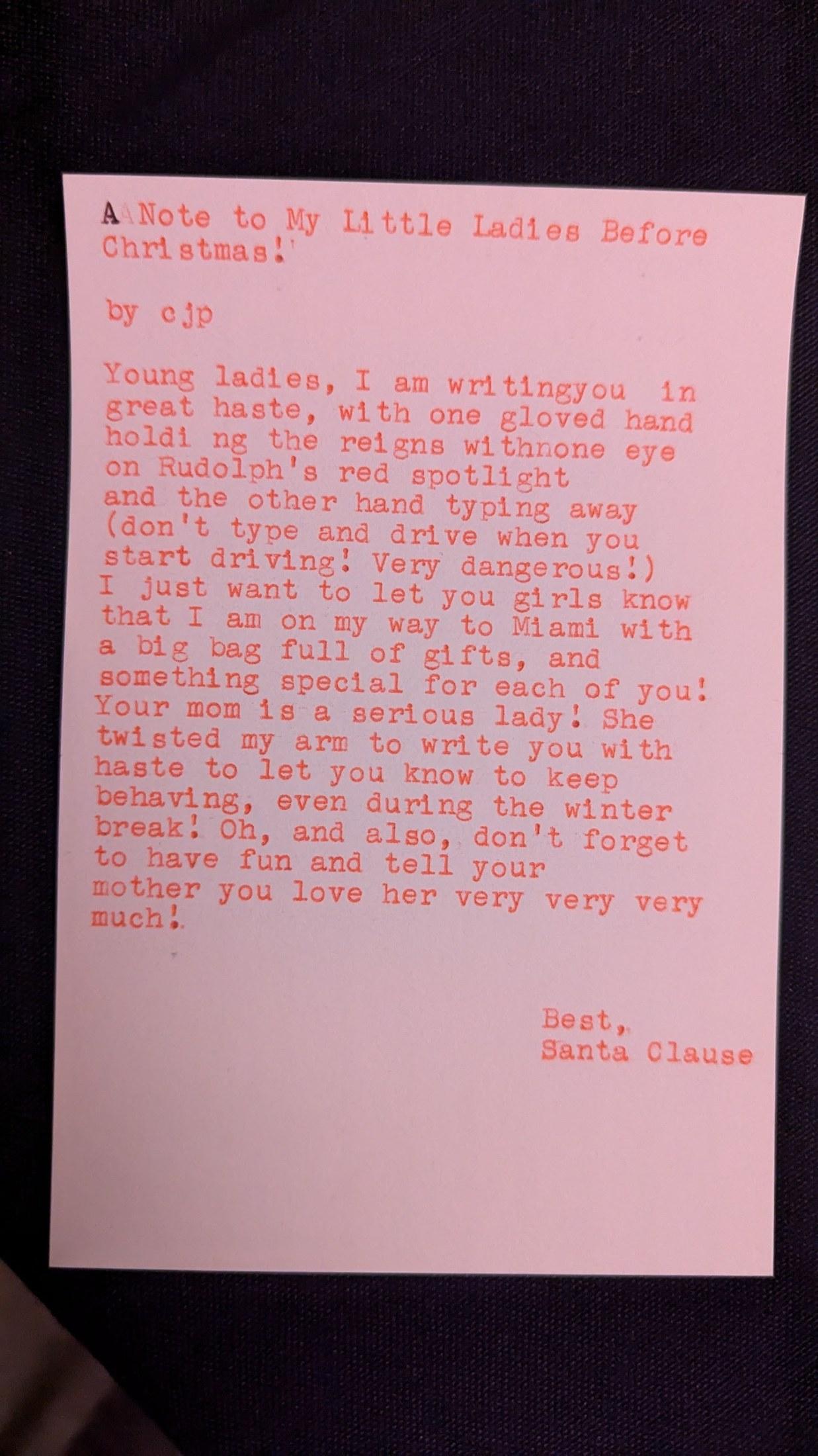 Original typewritten poem A Note to My Little Ladies Before Christmas: by Chris the Poet