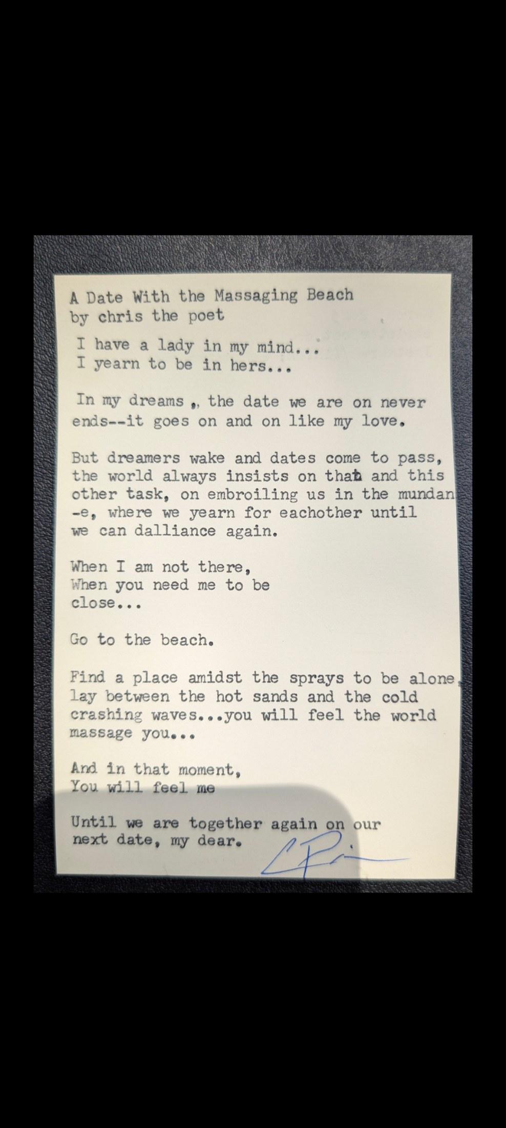 Original typewritten poem A Date With the Massaging Beach by Chris the Poet