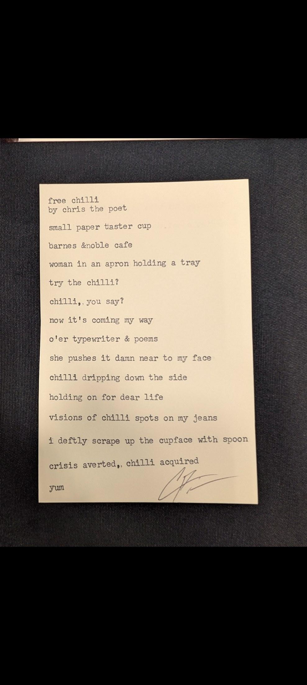Original typewritten poem chop chili by Chris the Poet