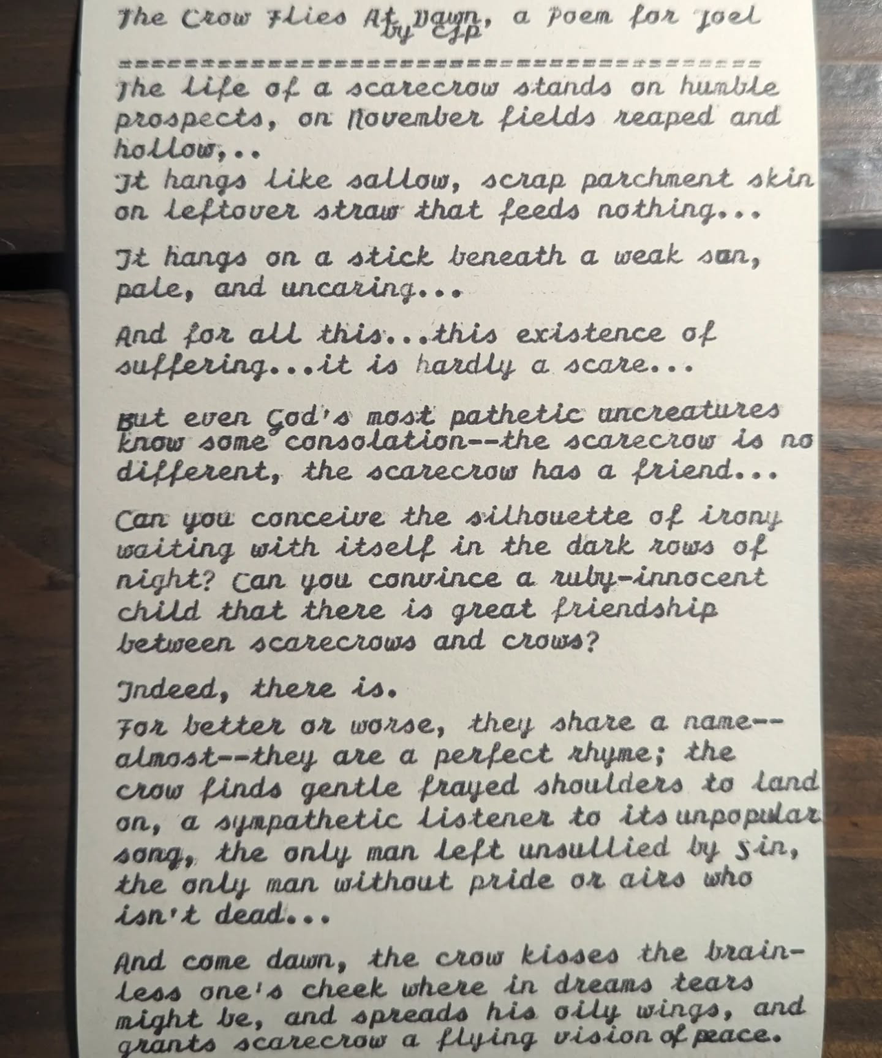 Original typewritten poem The Crow Flies At Day, Dawn, a Poem for Joel by Chris the Poet