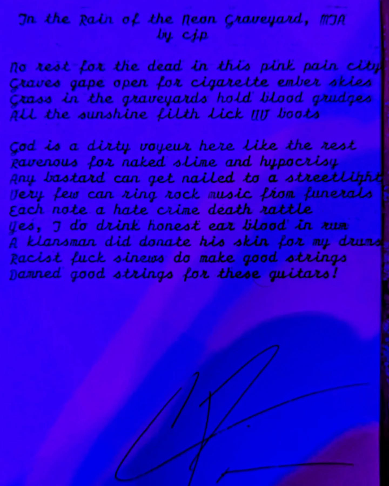 Original typewritten poem In the Rain of the Neon Graveyard, MIA by Chris the Poet