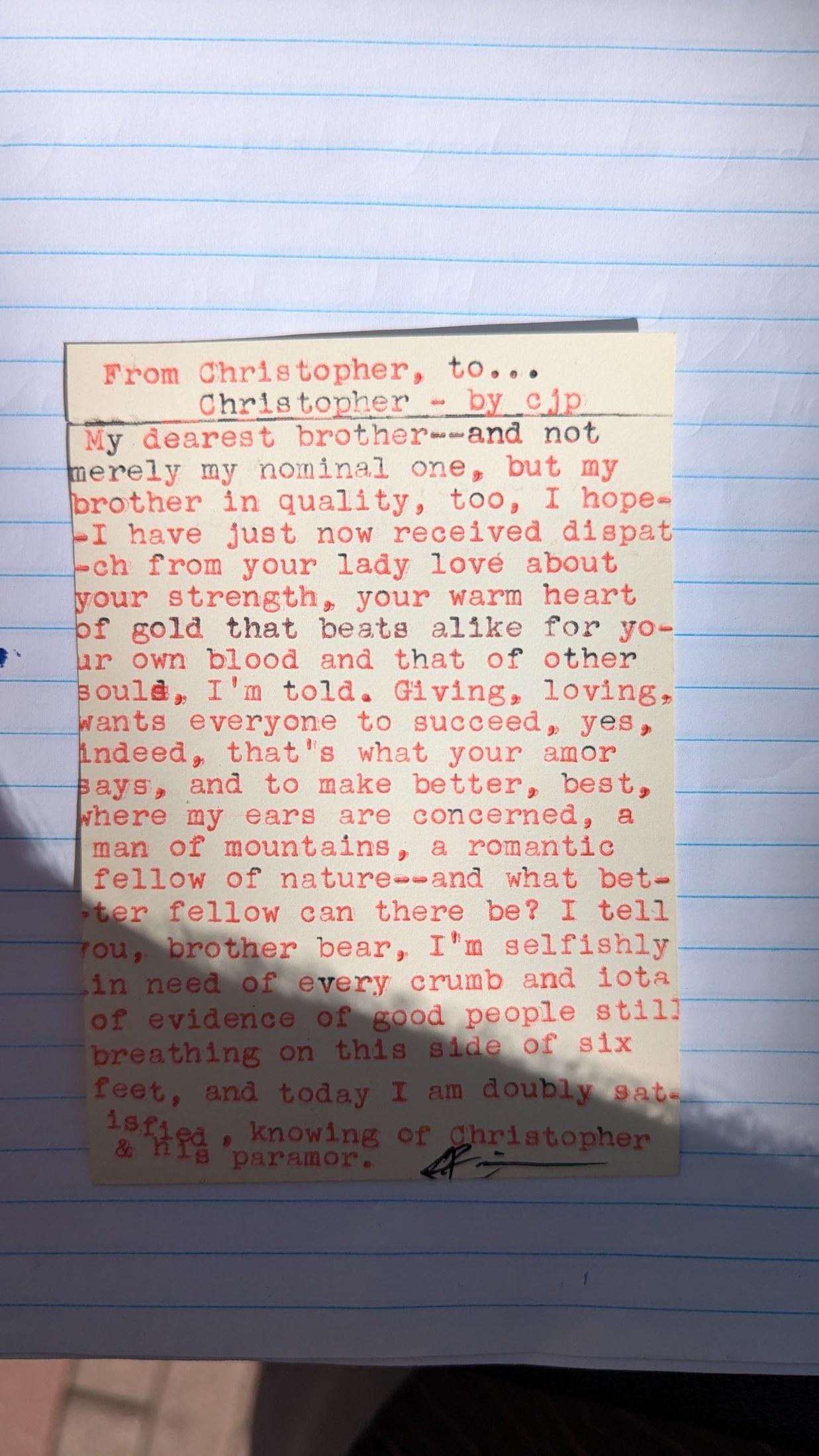 Original typewritten poem From Christopher, to... Christopher by Chris the Poet