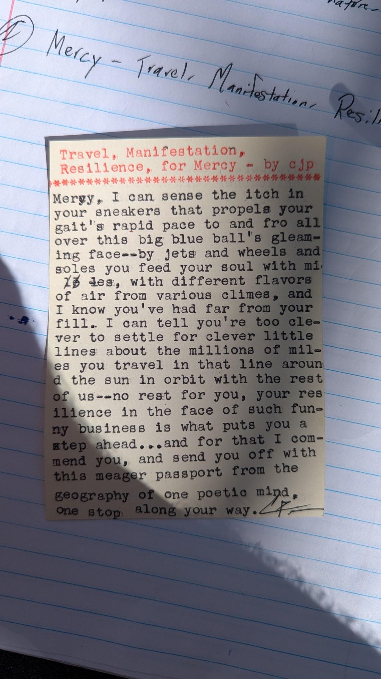 Original typewritten poem Travel, Manifestation, Resilience, For Mercy by Chris the Poet