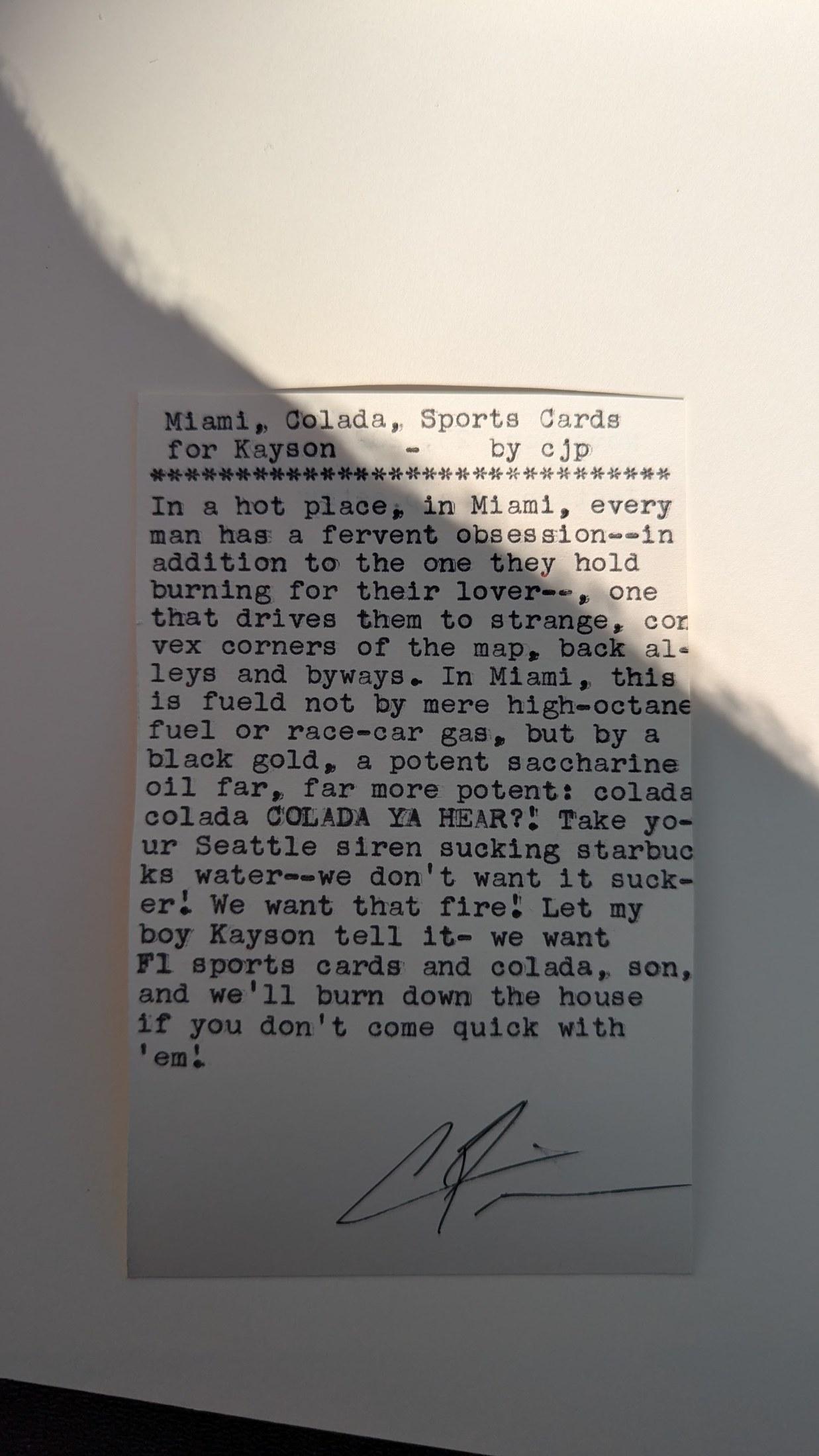 Original typewritten poem Miami, Colada, Sports Cards for Kayson by Chris the Poet
