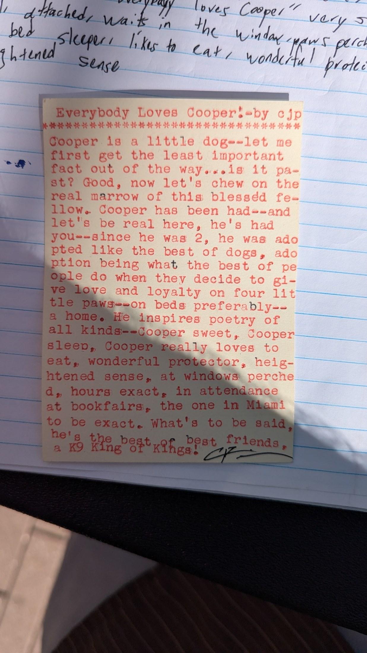 Original typewritten poem Everybody Loves Cooper! by Chris the Poet