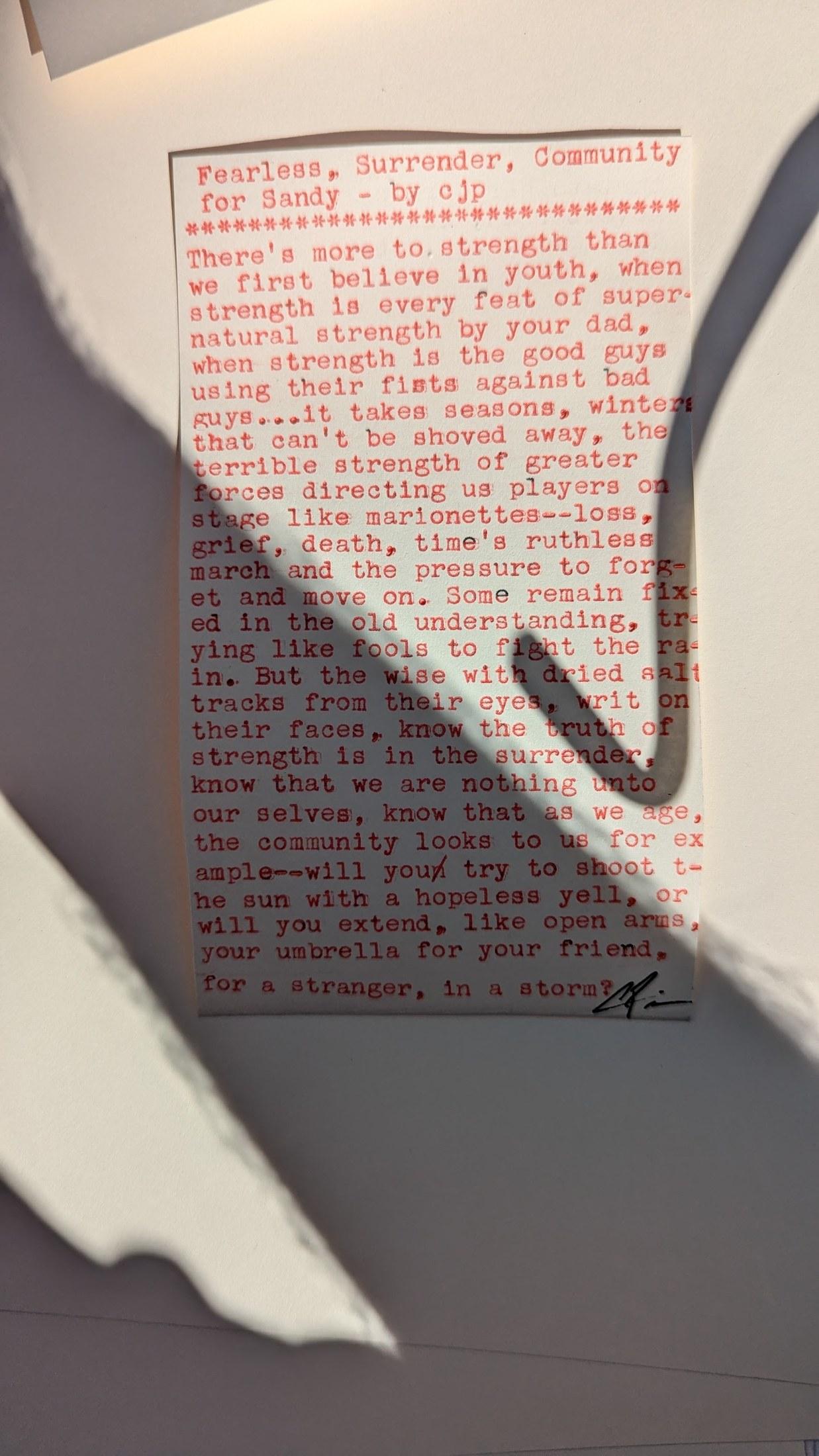 Original typewritten poem Fearless, Surrender, Community for Sany by Chris the Poet