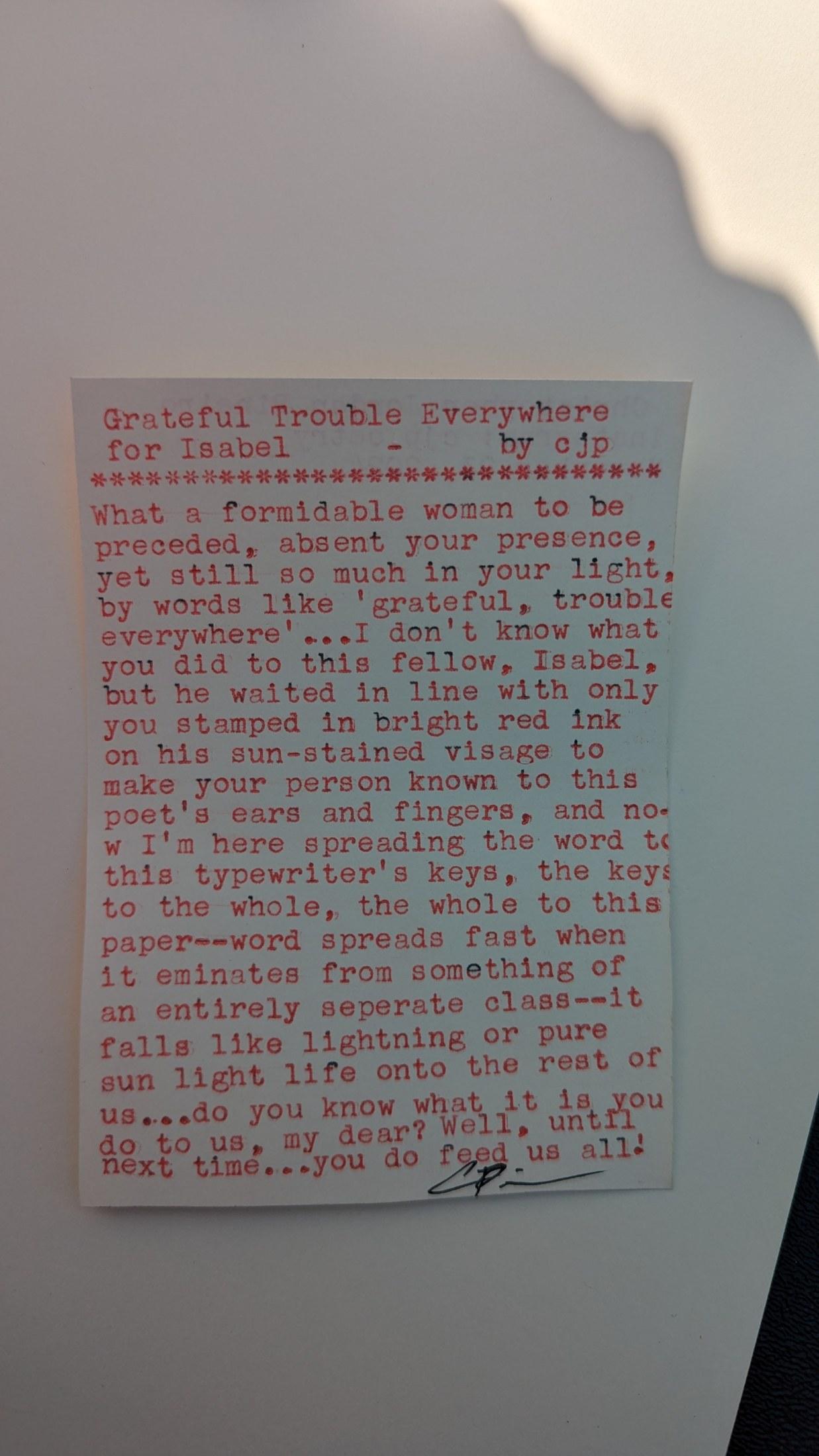 Original typewritten poem Grateful Trouble Everywhere for Isabel by Chris the Poet