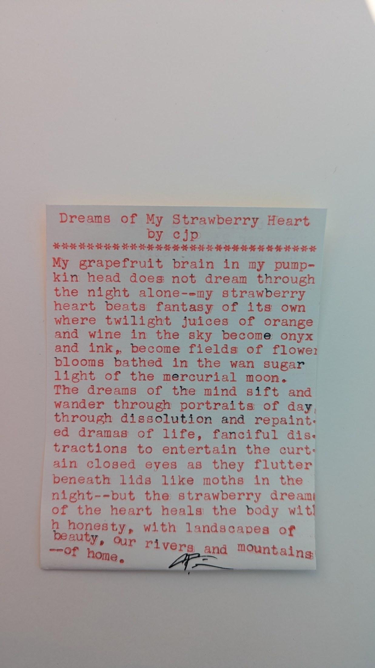 Original typewritten poem Dreams of My Strawberry Heart by Chris the Poet