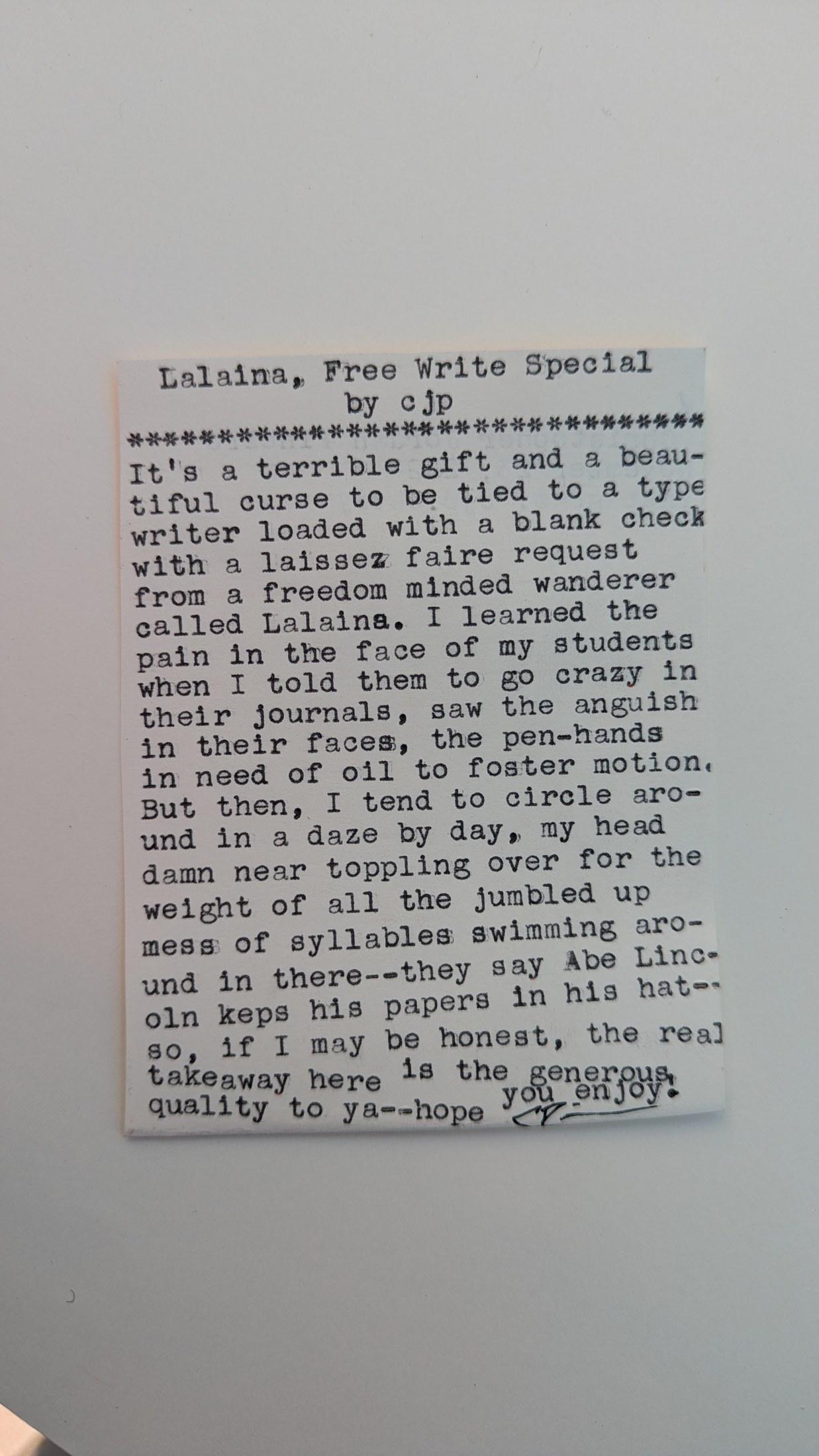 Original typewritten poem Lalaina, Free Write Special by Chris the Poet
