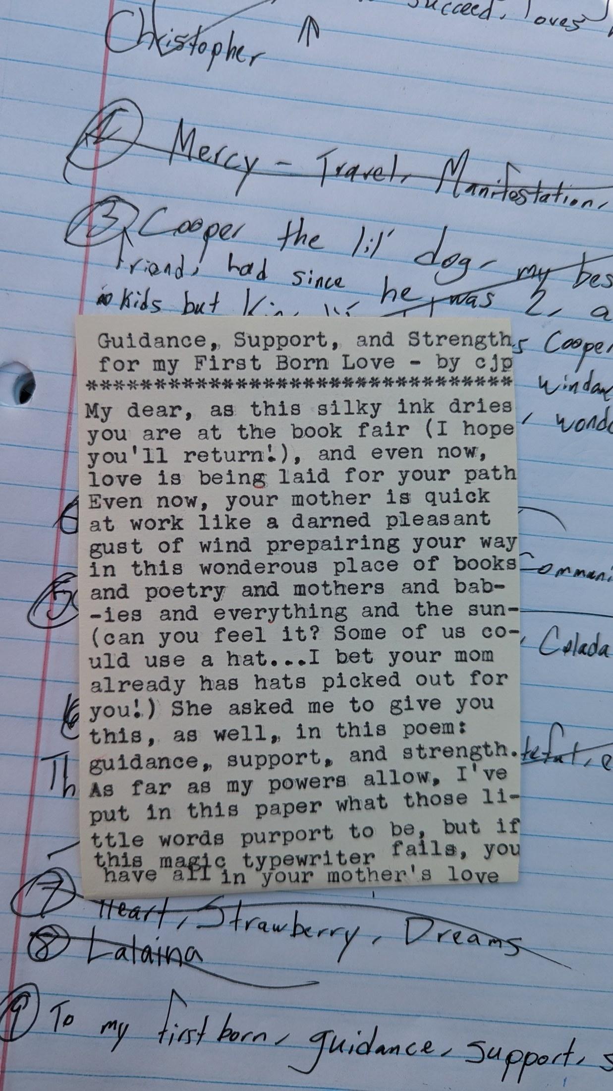 Original typewritten poem Guidance, Support, and Strength for my First Born Love by Chris the Poet