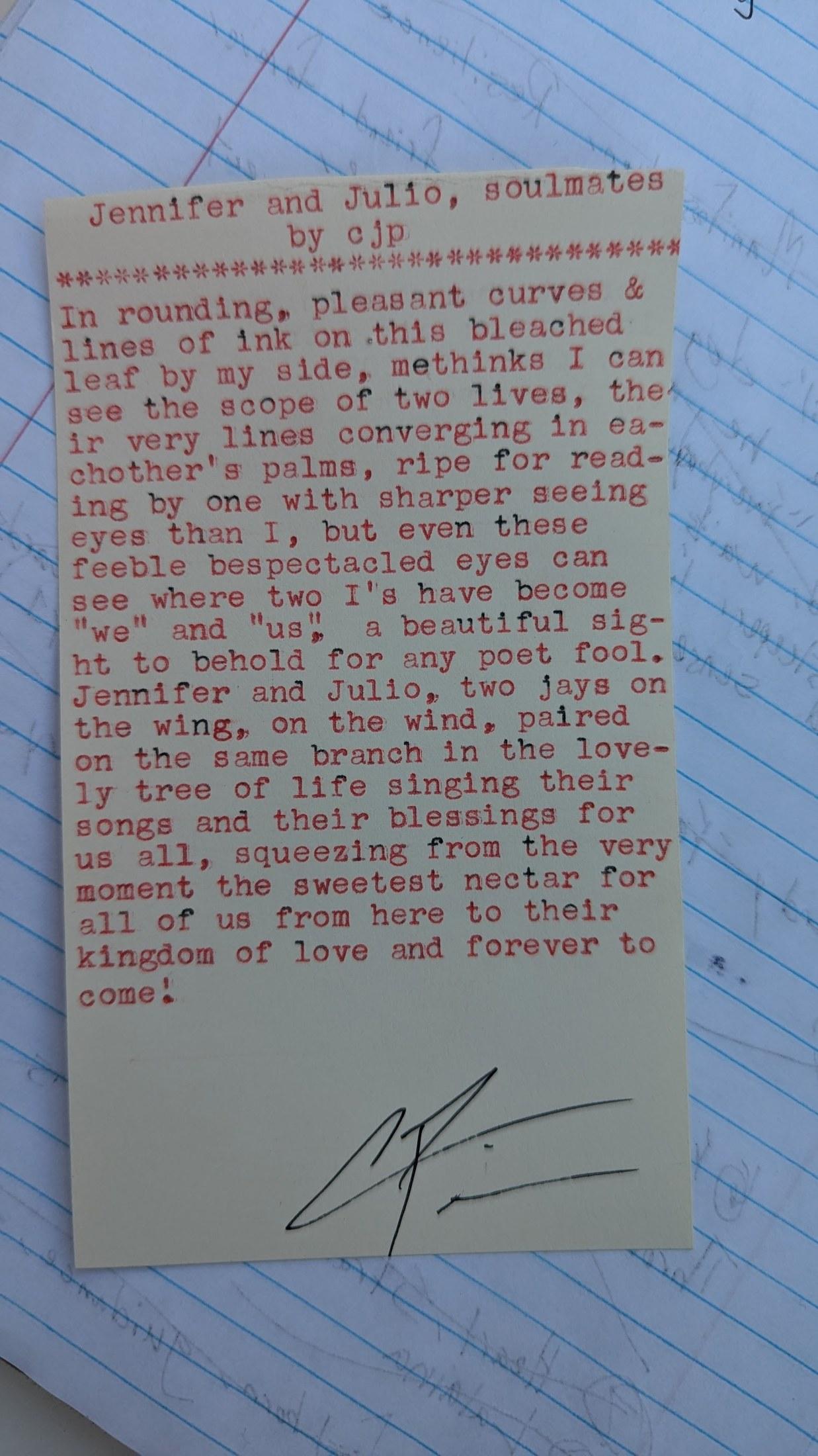 Original typewritten poem Jennifer and Julio, Soulmates by Chris the Poet