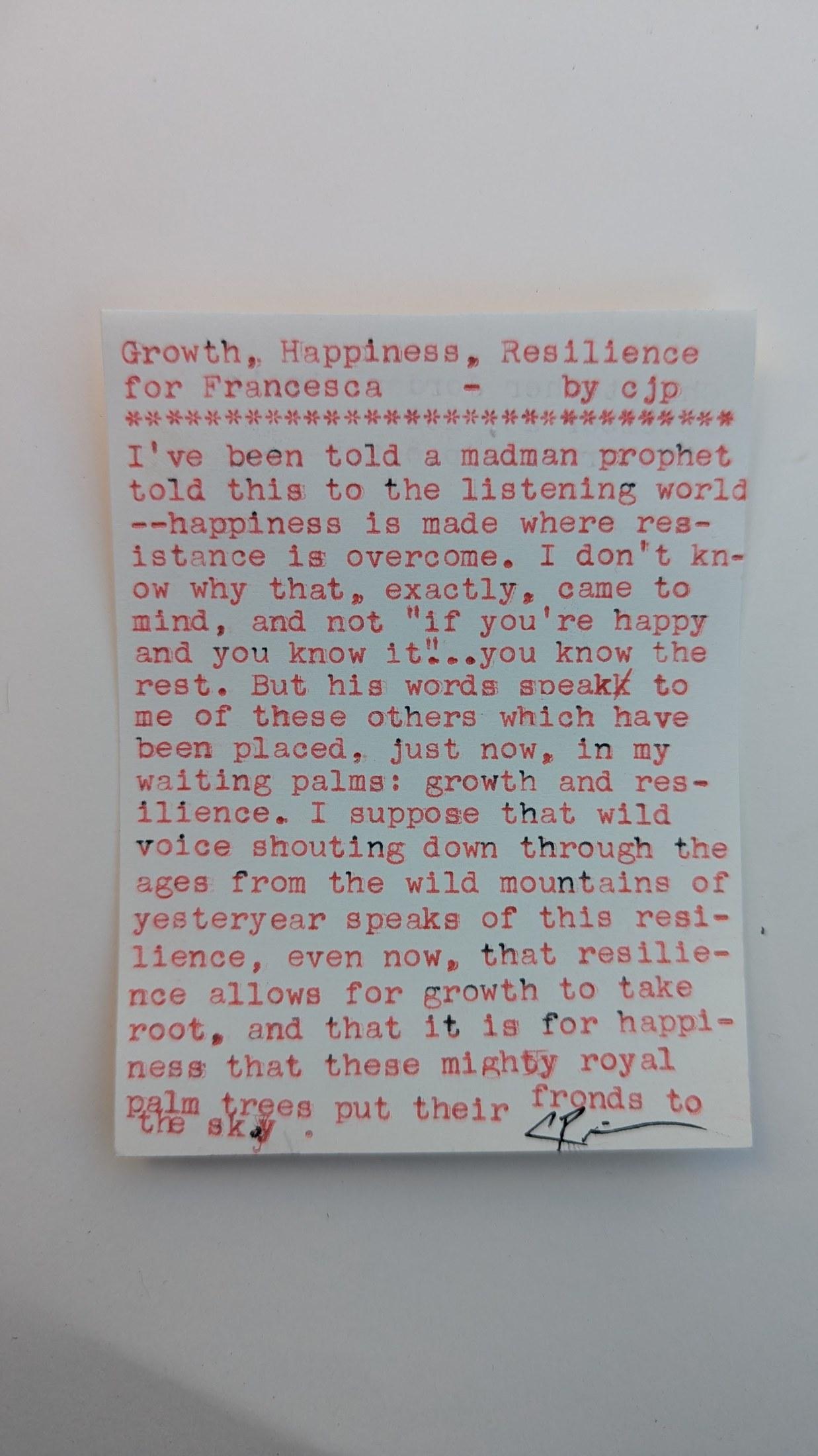 Original typewritten poem Growth, Happiness, Resilience For Princess by Chris the Poet