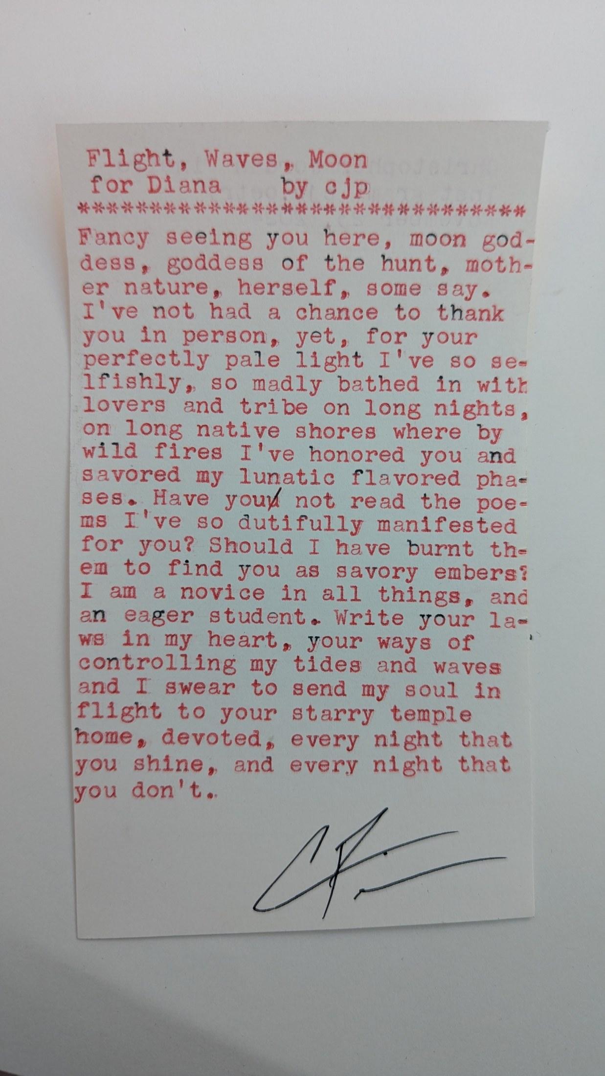 Original typewritten poem Flight, Waves, Moon for Diana by Chris the Poet