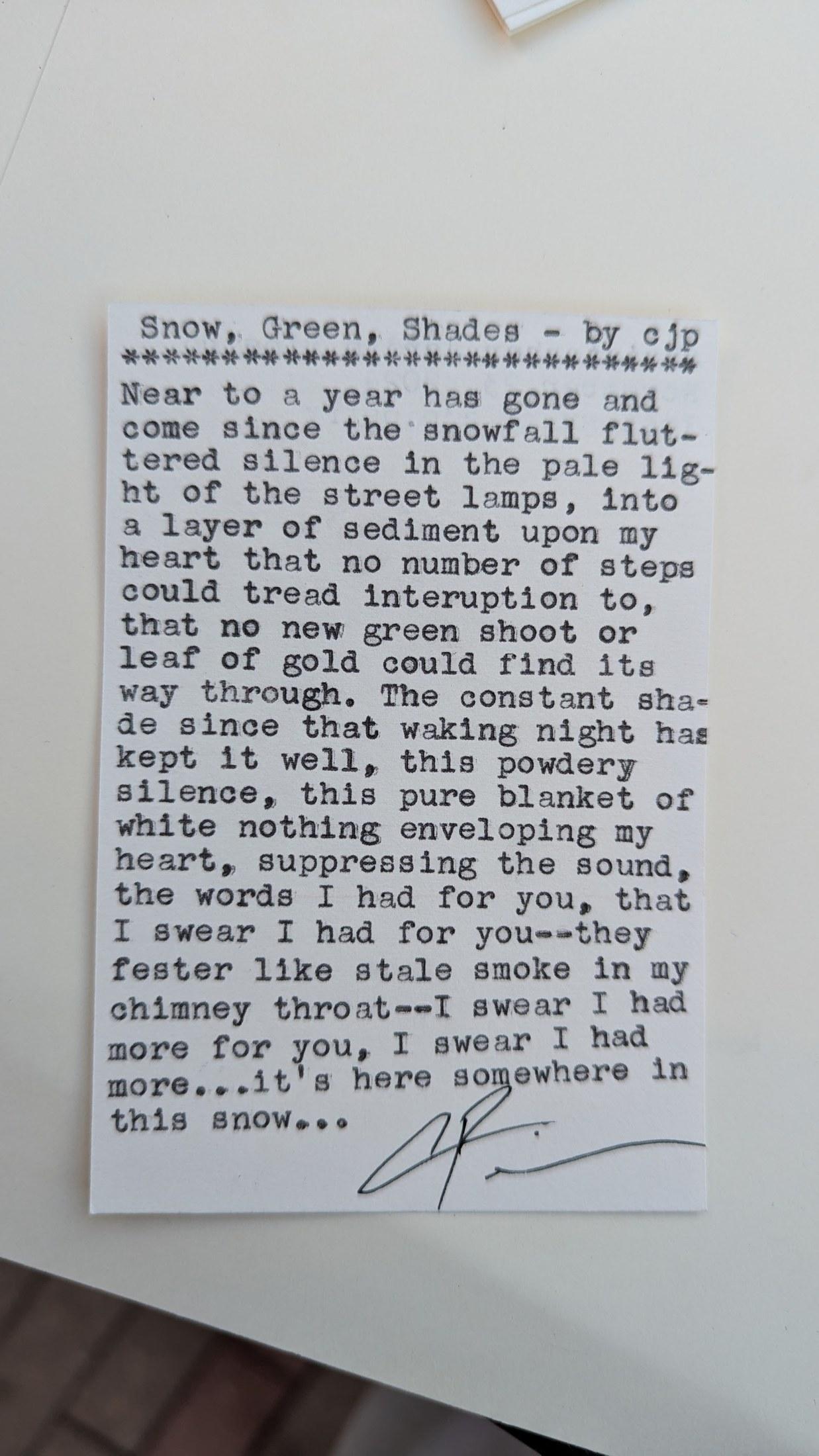 Original typewritten poem Snow, Green, Shades by Chris the Poet