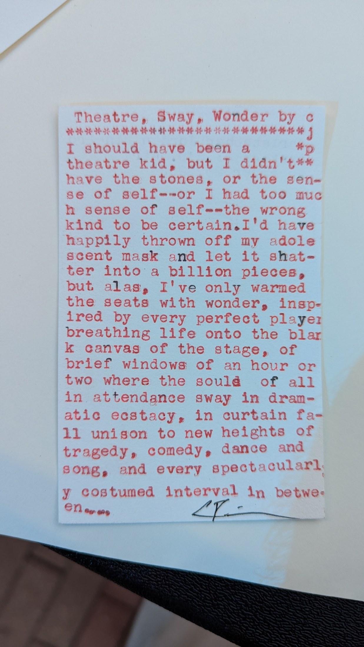 Original typewritten poem Theatre, Sway, Wonder by Chris the Poet